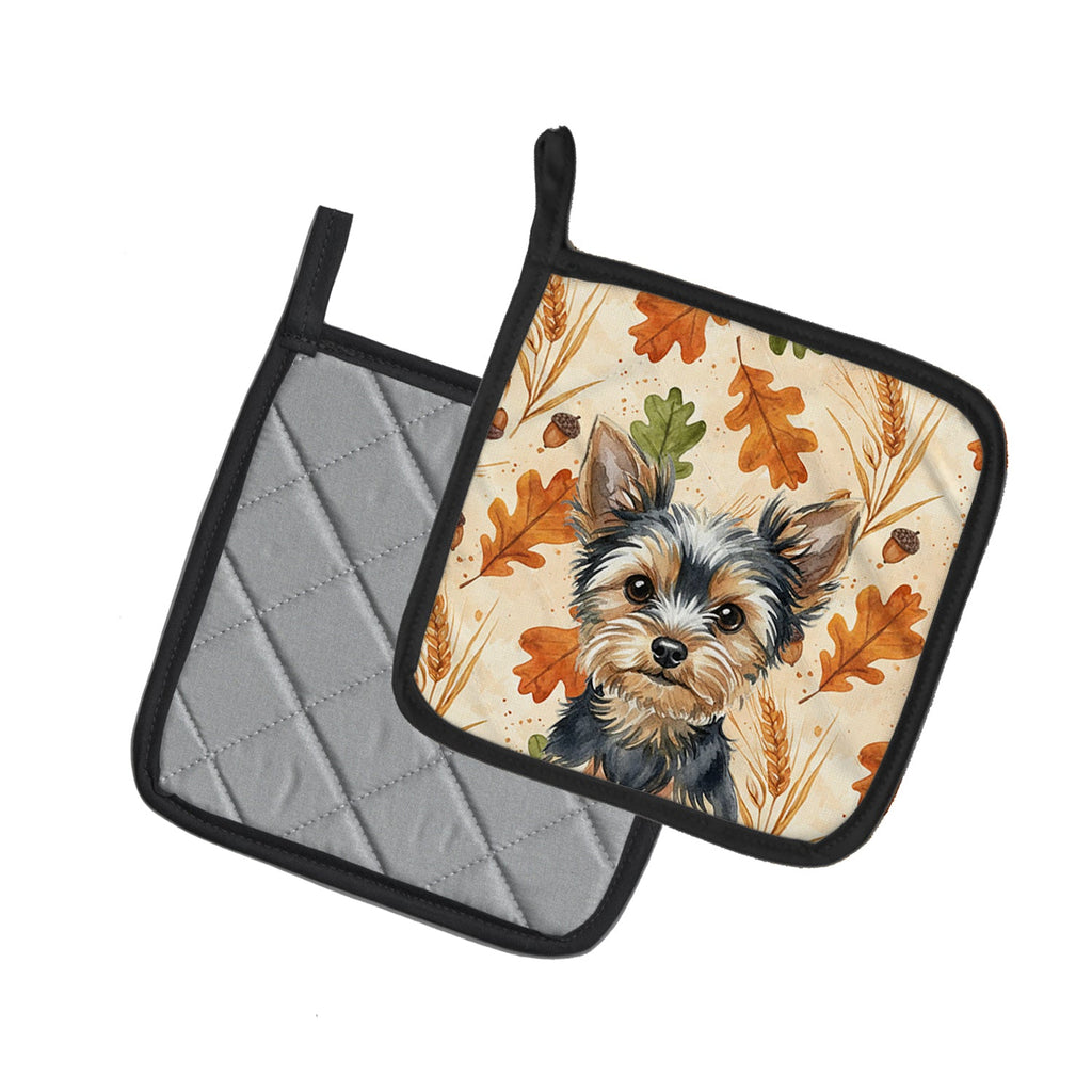 Black and Tan Yorkshire Terrier Heirloom Fall Pot Holder Set of 2 Heat Resistant Quilted Hot Pads 7.5 x 7.5 Inch, Insulated Kitchen Trivets for Cooking & Baking