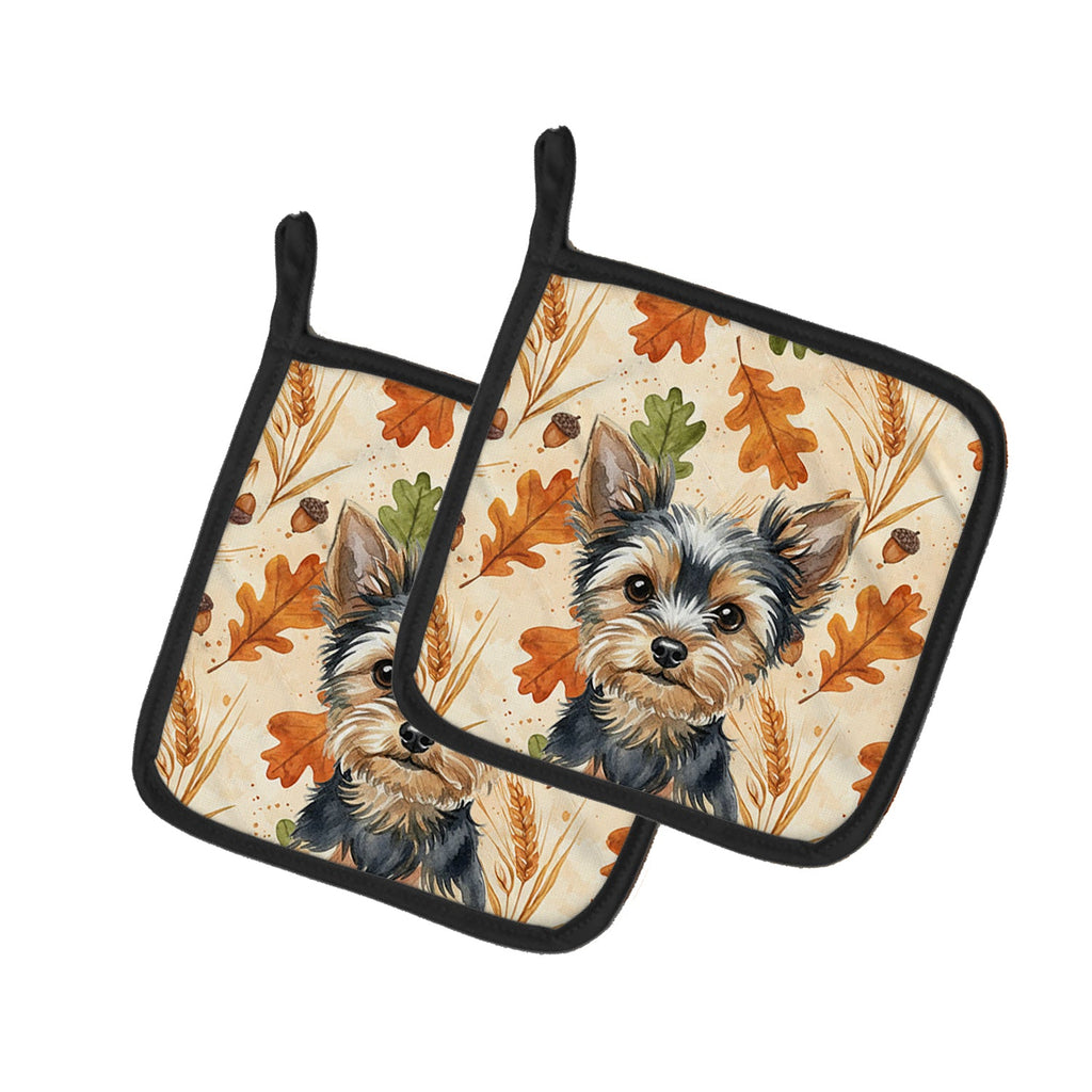 Black and Tan Yorkshire Terrier Heirloom Fall Pot Holder Set of 2 Heat Resistant Quilted Hot Pads 7.5 x 7.5 Inch, Insulated Kitchen Trivets for Cooking & Baking