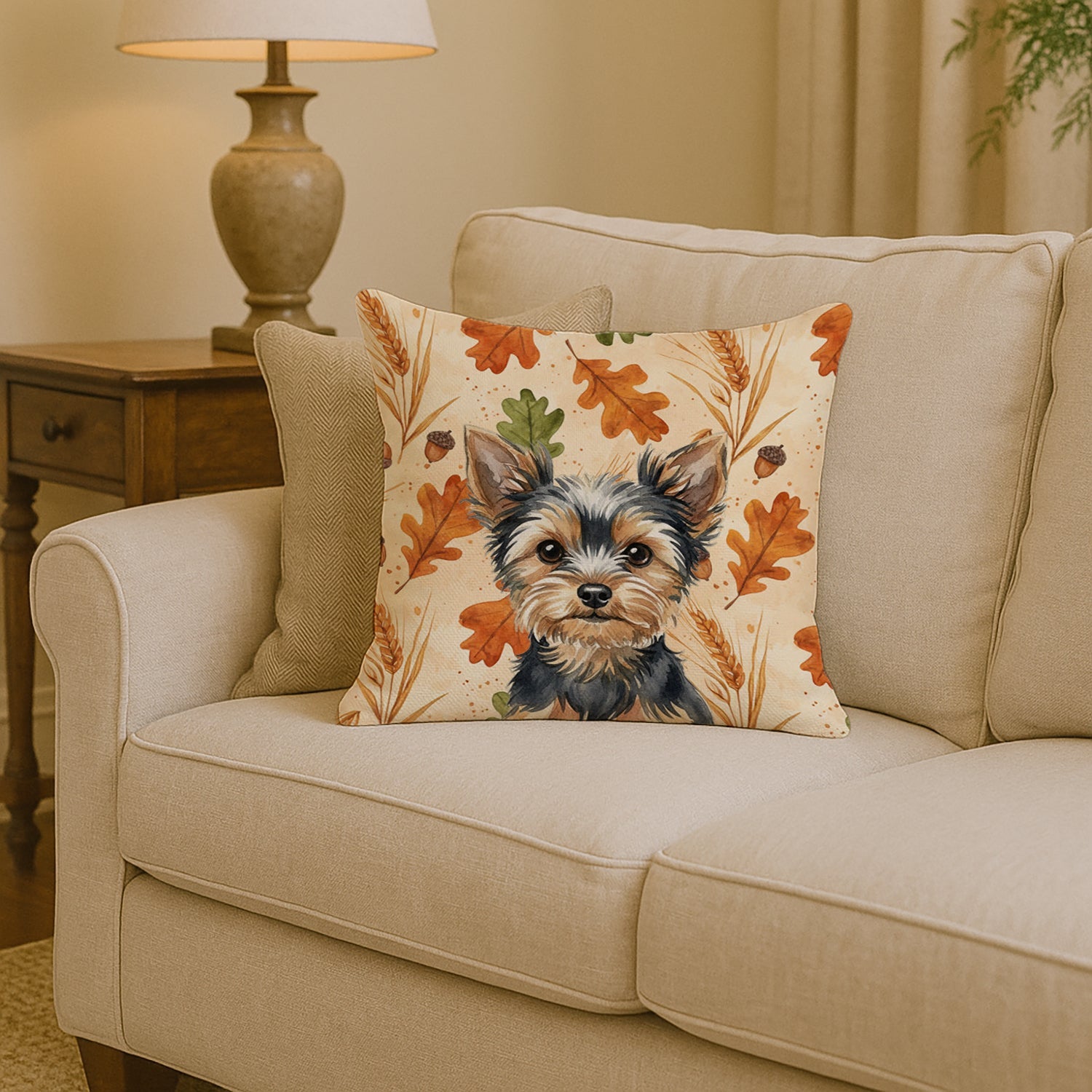 Black and Tan Yorkshire Terrier Heirloom Fall Decorative Throw Pillow 14x14 Indoor Outdoor Accent Cushion, Fabric Cover with Insert for Sofa, Bed, Porch & Living Room