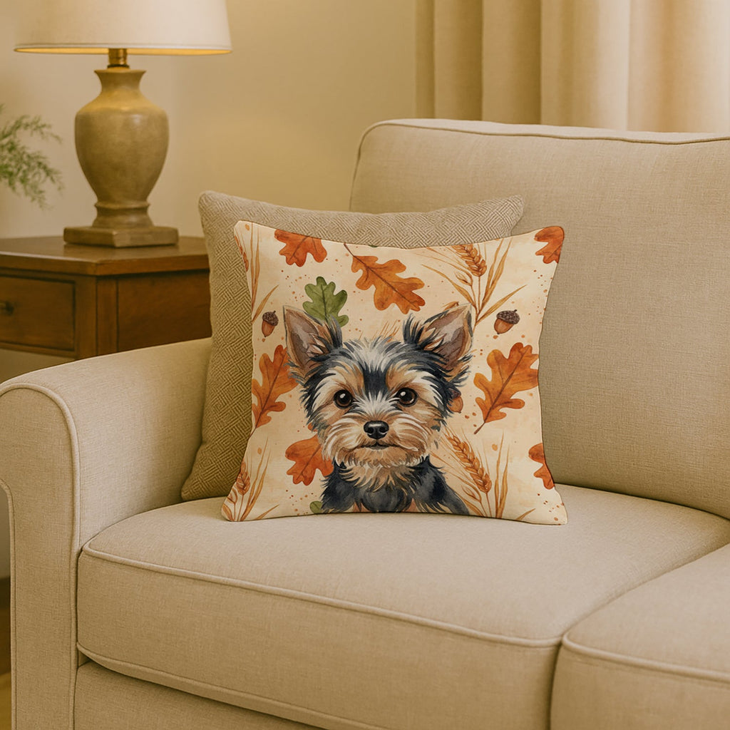 Black and Tan Yorkshire Terrier Heirloom Fall Decorative Throw Pillow 18x18 Indoor Outdoor Accent Cushion, Fabric Cover with Insert for Sofa, Bed, Porch & Living Room