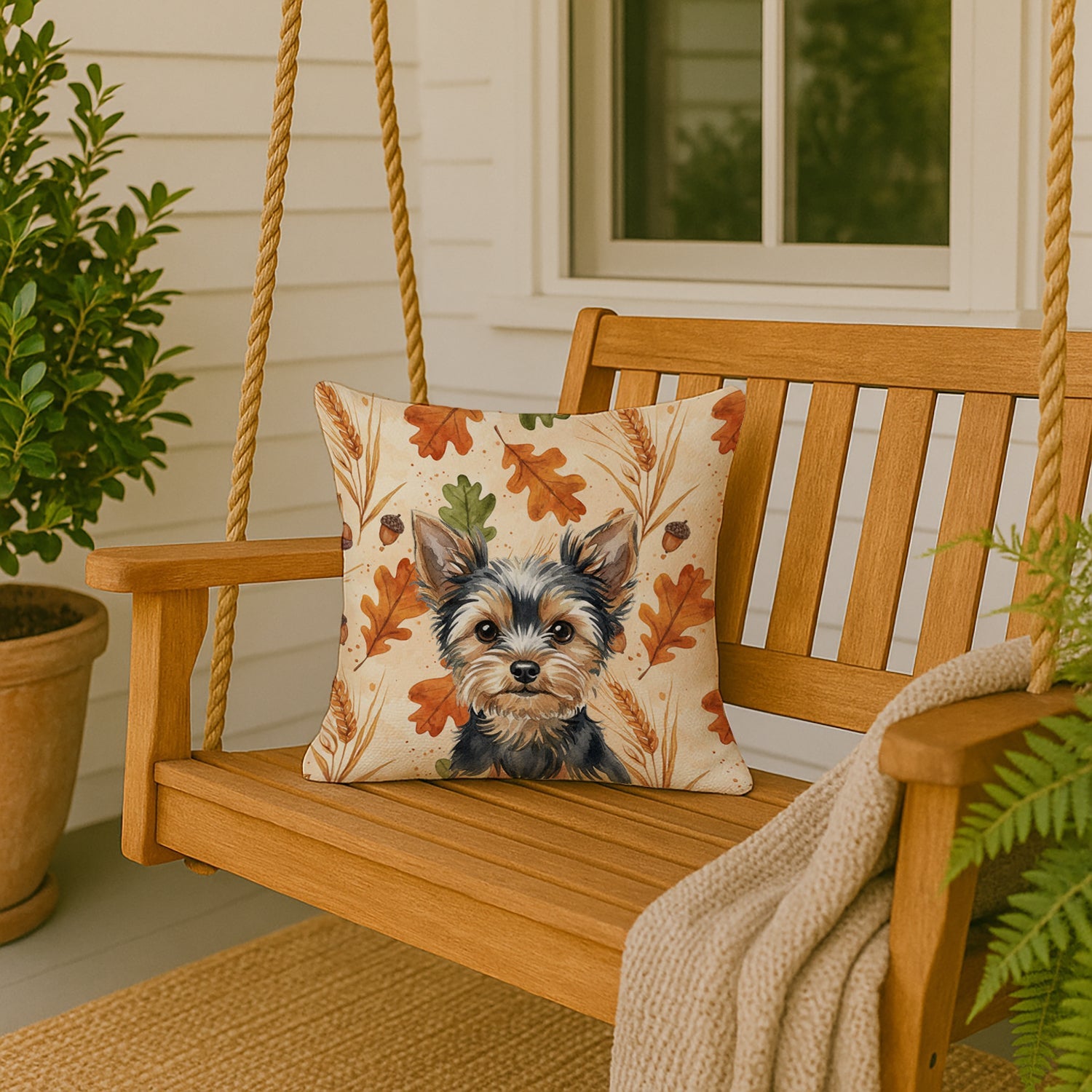 Black and Tan Yorkshire Terrier Heirloom Fall Decorative Throw Pillow 18x18 Indoor Outdoor Accent Cushion, Fabric Cover with Insert for Sofa, Bed, Porch & Living Room