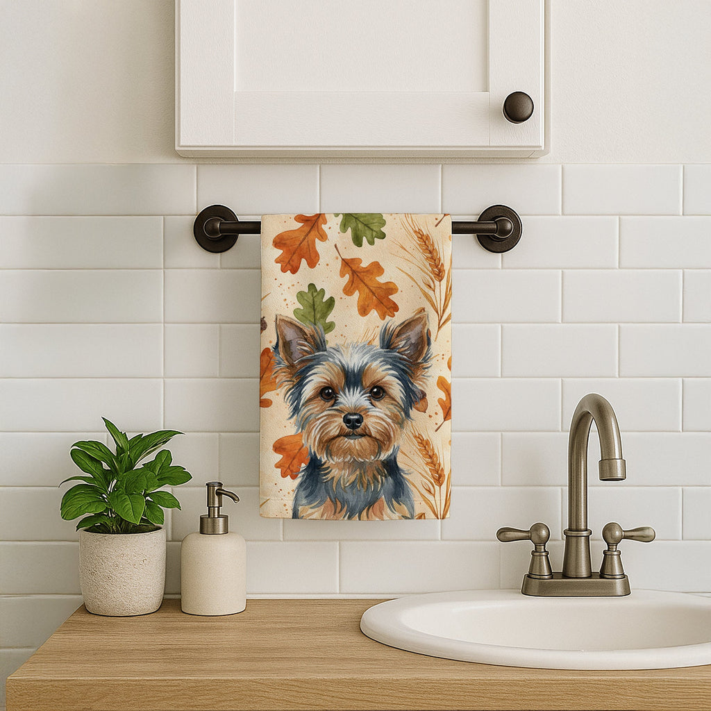 Blue and Tan Yorkshire Terrier Heirloom Fall Kitchen Towel Velour Plush Front and Cotton Loop Back Machine Washable