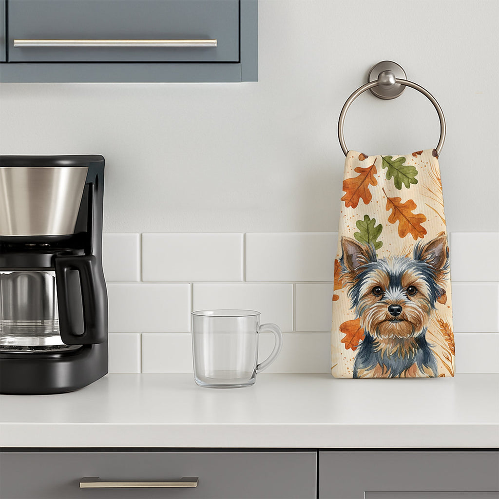 Blue and Tan Yorkshire Terrier Heirloom Fall Kitchen Towel Velour Plush Front and Cotton Loop Back Machine Washable