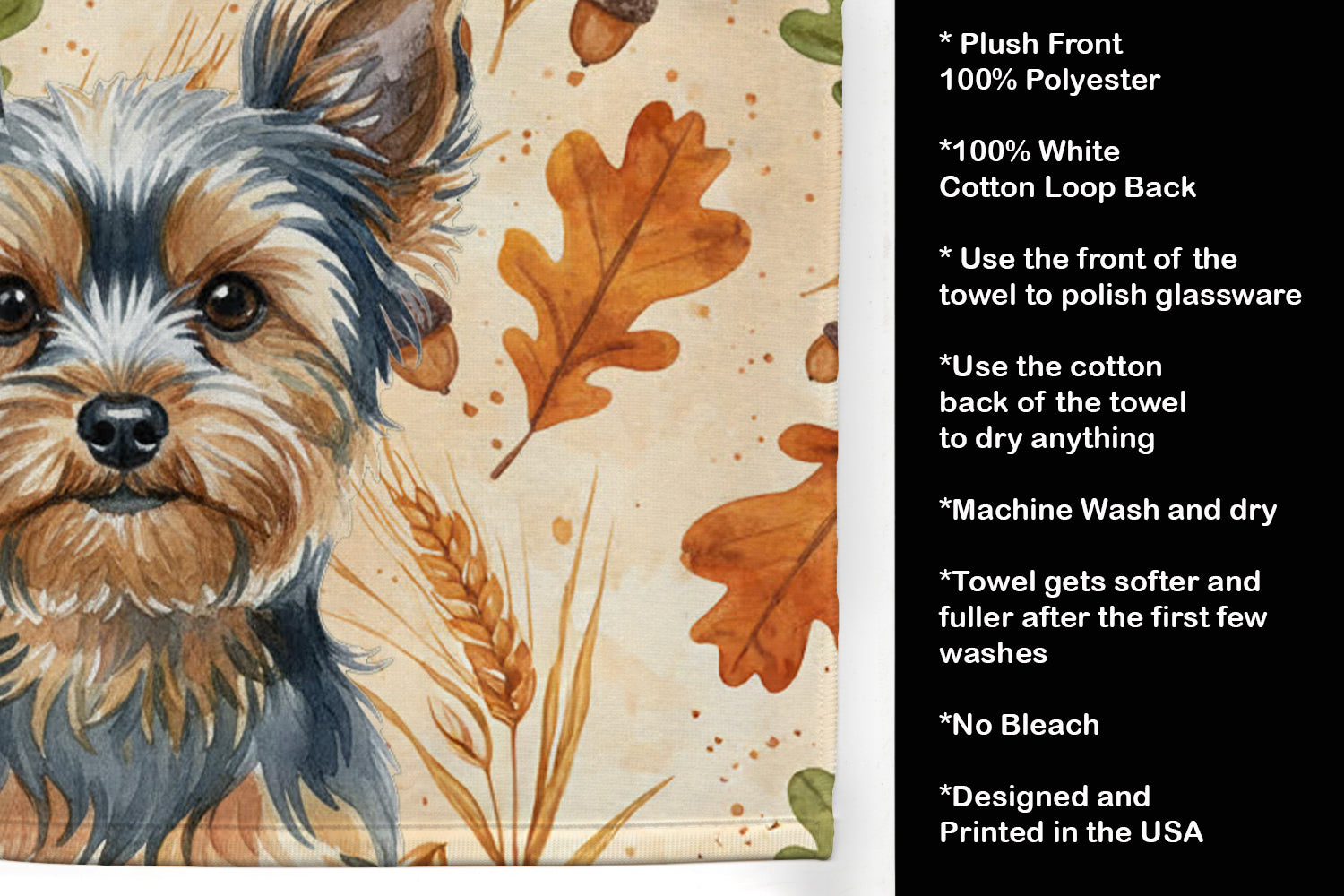 Blue and Tan Yorkshire Terrier Heirloom Fall Kitchen Towel Velour Plush Front and Cotton Loop Back Machine Washable