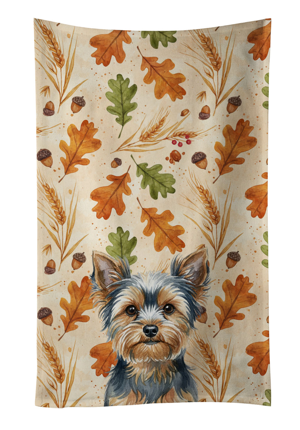 Blue and Tan Yorkshire Terrier Heirloom Fall Kitchen Towel Velour Plush Front and Cotton Loop Back Machine Washable