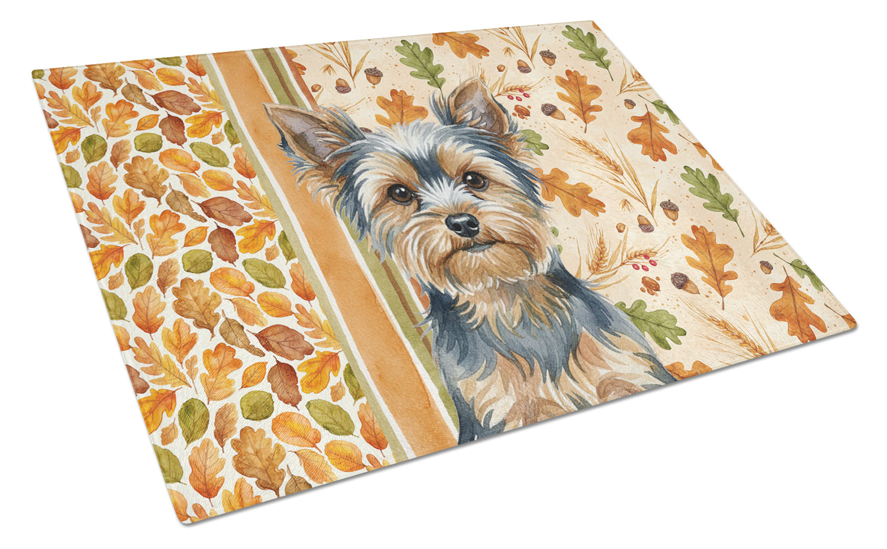Blue and Tan Yorkshire Terrier Heirloom Fall Cutting Board Tempered Glass Kitchen Cutting Surface, Heat Resistant Chopping, Non-Slip Feet, Food Prep & Serving