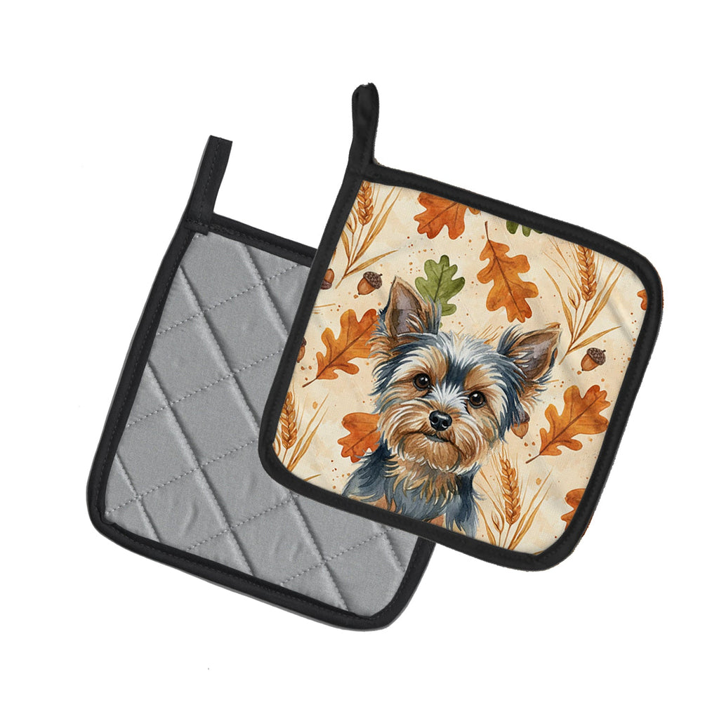 Blue and Tan Yorkshire Terrier Heirloom Fall Pot Holder Set of 2 Heat Resistant Quilted Hot Pads 7.5 x 7.5 Inch, Insulated Kitchen Trivets for Cooking & Baking
