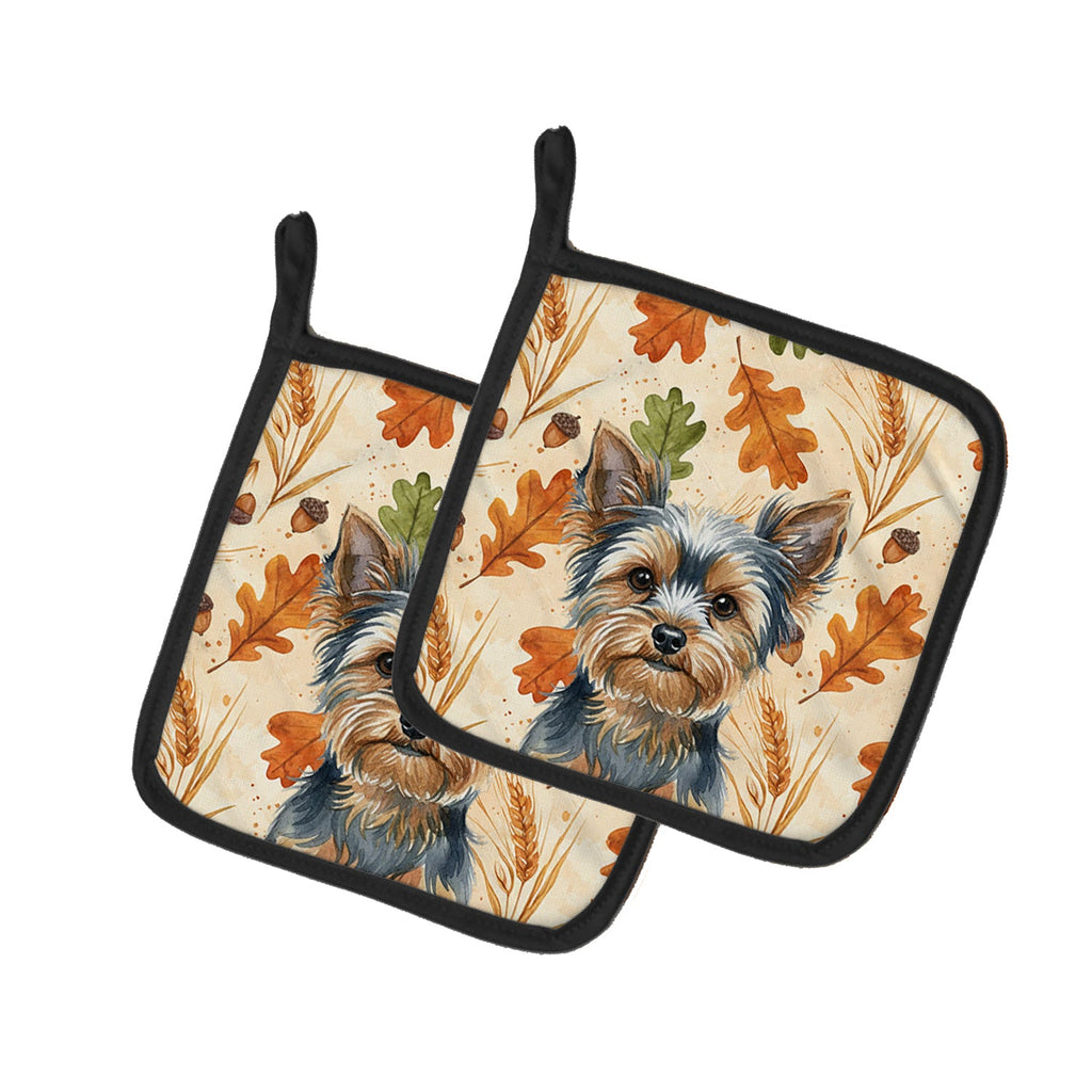 Blue and Tan Yorkshire Terrier Heirloom Fall Pot Holder Set of 2 Heat Resistant Quilted Hot Pads 7.5 x 7.5 Inch, Insulated Kitchen Trivets for Cooking & Baking