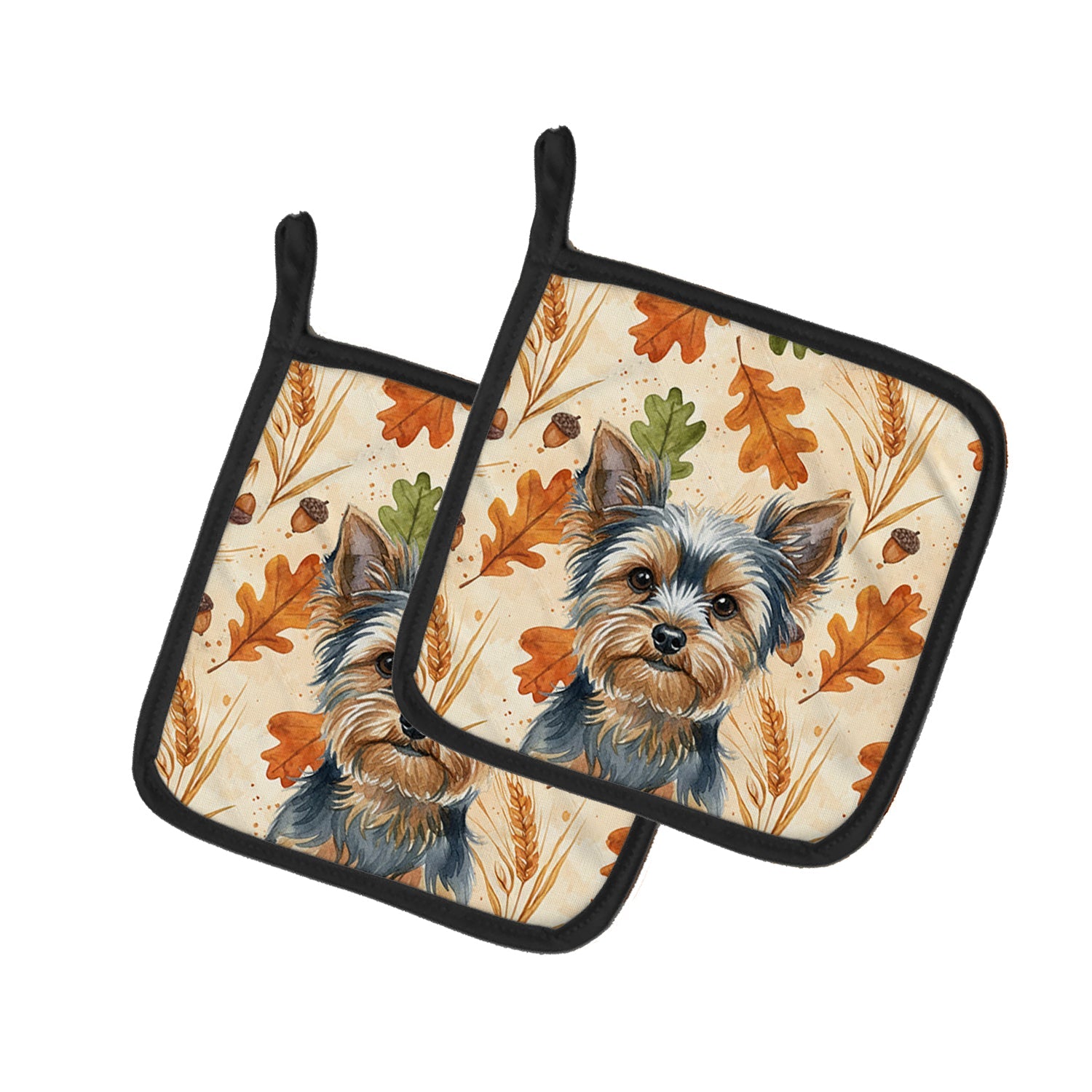 Blue and Tan Yorkshire Terrier Heirloom Fall Pot Holder Set of 2 Heat Resistant Quilted Hot Pads 7.5 x 7.5 Inch, Insulated Kitchen Trivets for Cooking & Baking