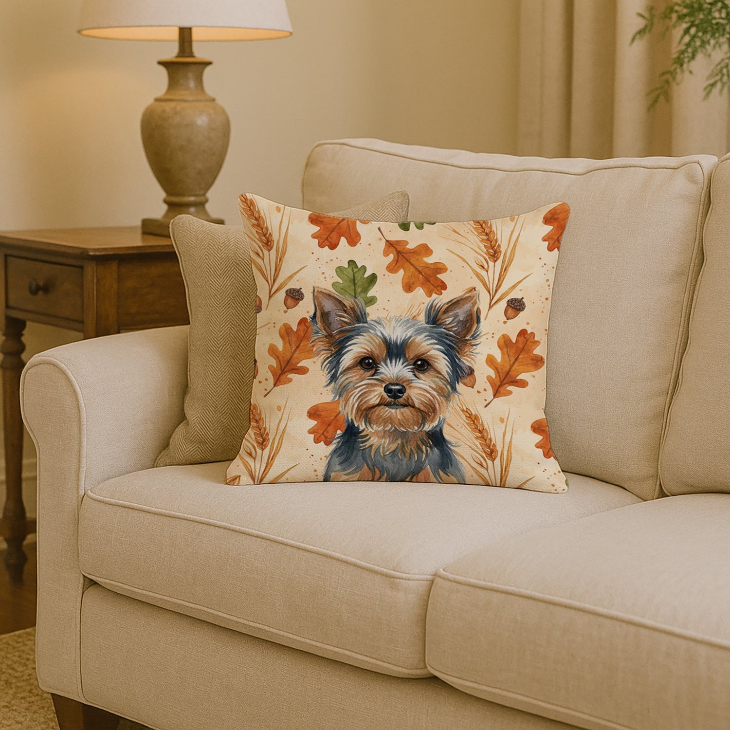 Blue and Tan Yorkshire Terrier Heirloom Fall Decorative Throw Pillow 14x14 Indoor Outdoor Accent Cushion, Fabric Cover with Insert for Sofa, Bed, Porch & Living Room