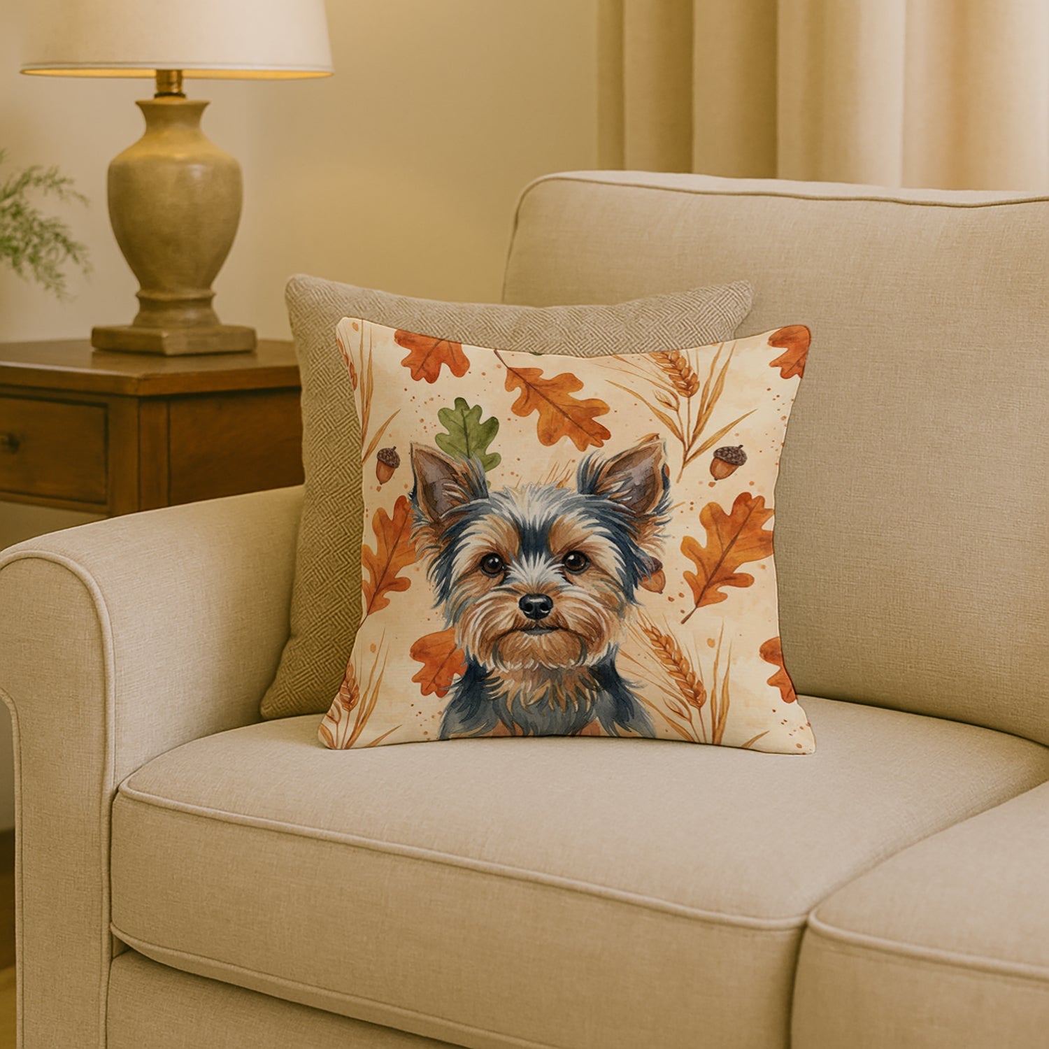 Blue and Tan Yorkshire Terrier Heirloom Fall Decorative Throw Pillow 18x18 Indoor Outdoor Accent Cushion, Fabric Cover with Insert for Sofa, Bed, Porch & Living Room