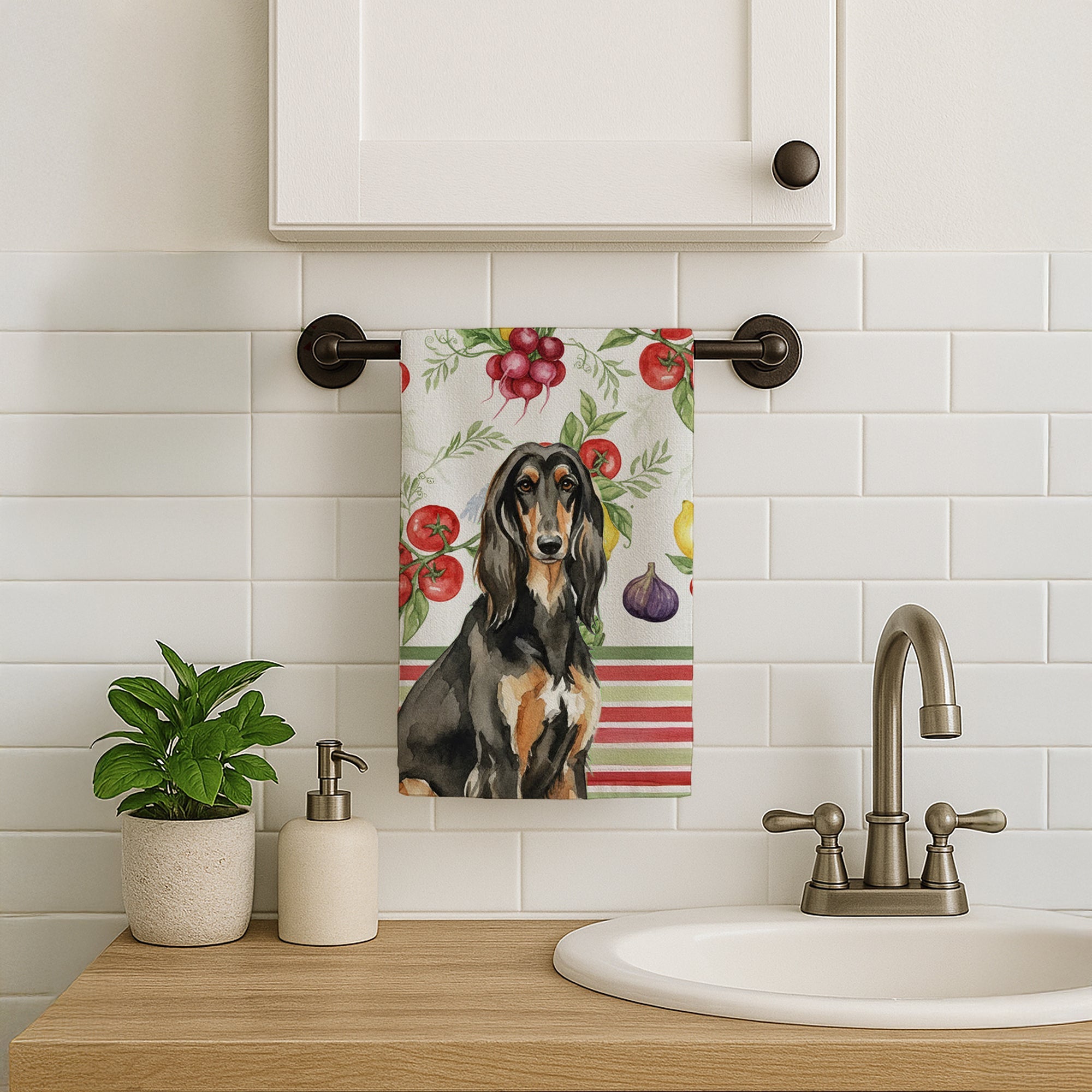 Black & Tan Afghan Hound Vegetables Kitchen Towel Velour Plush Front and Cotton Loop Back Machine Washable