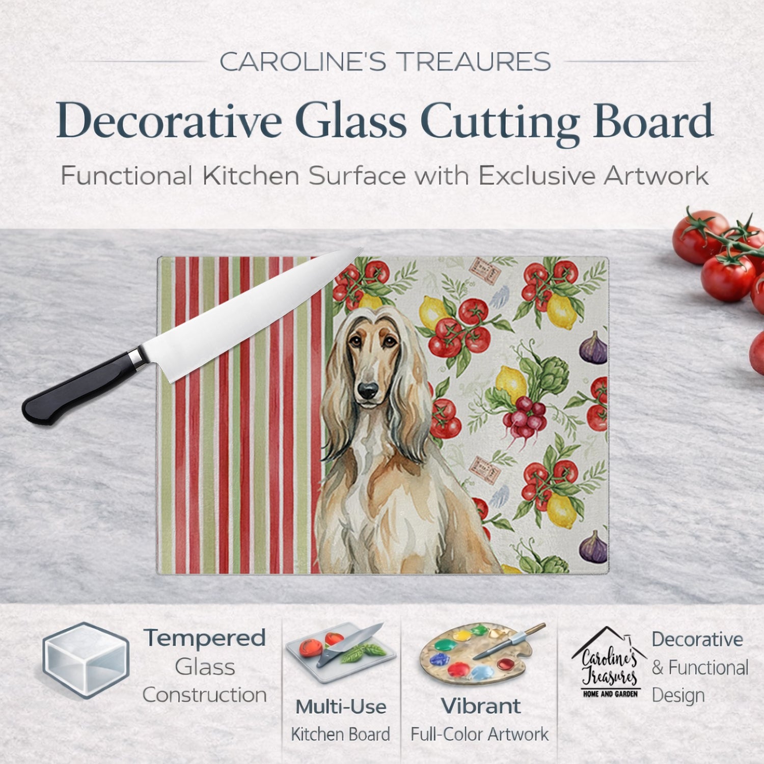 Afghan Hound Vegetables Cutting Board Tempered Glass Kitchen Cutting Surface, Heat Resistant Chopping, Non-Slip Feet, Food Prep & Serving