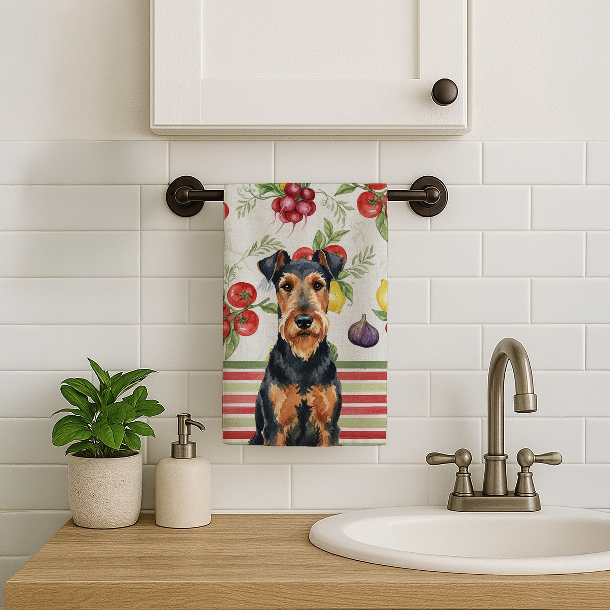 Airedale Terrier Vegetables Kitchen Towel Velour Plush Front and Cotton Loop Back Machine Washable