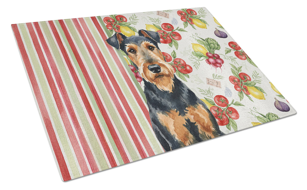 Airedale Terrier Vegetables Cutting Board Tempered Glass Kitchen Cutting Surface, Heat Resistant Chopping, Non-Slip Feet, Food Prep & Serving