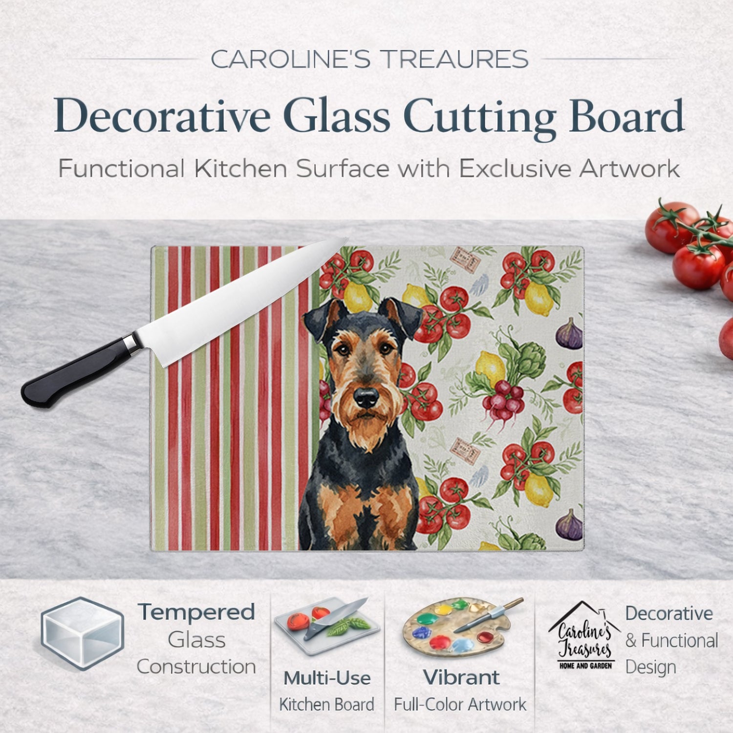 Airedale Terrier Vegetables Cutting Board Tempered Glass Kitchen Cutting Surface, Heat Resistant Chopping, Non-Slip Feet, Food Prep & Serving
