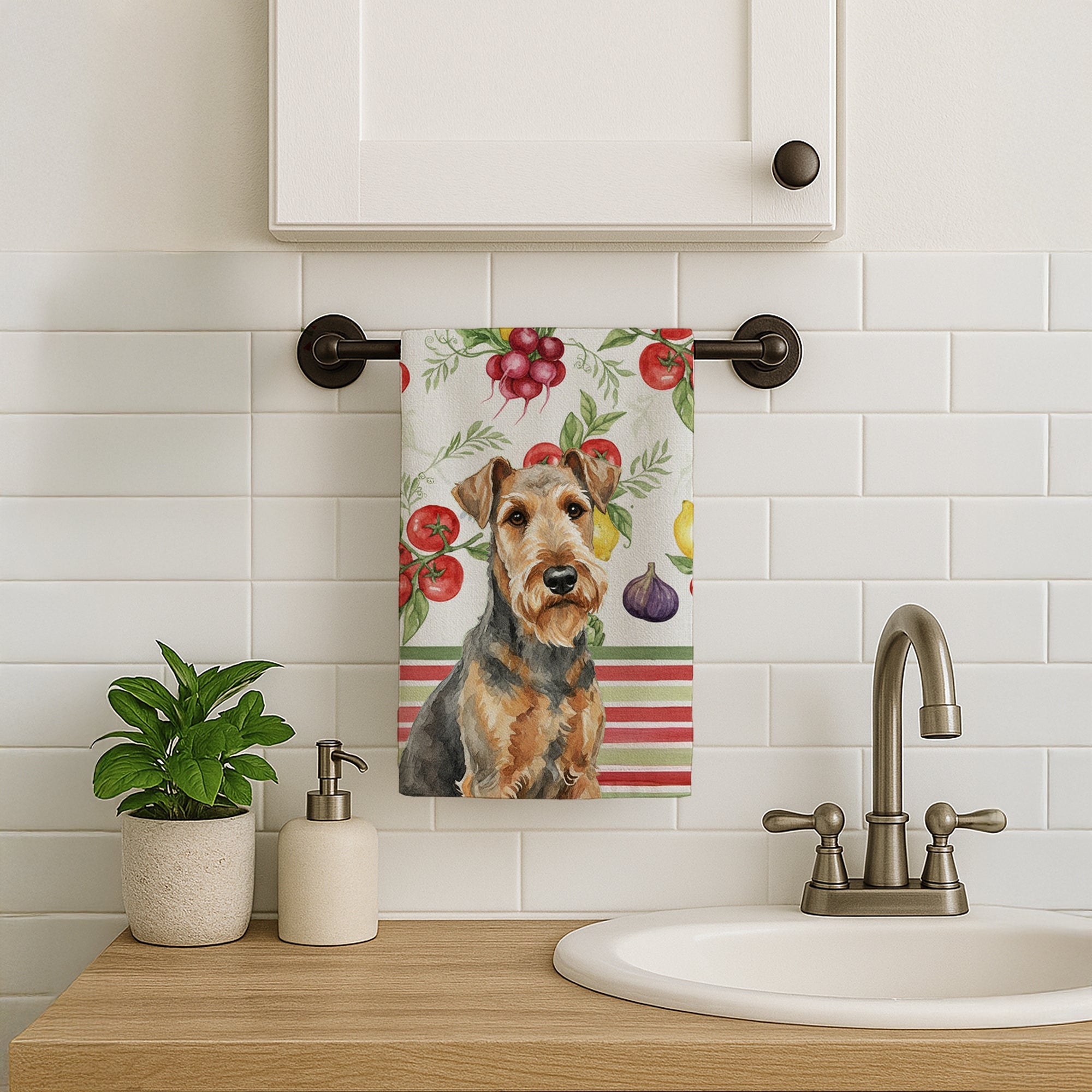 Grizzle Airedale Terrier Vegetables Kitchen Towel Velour Plush Front and Cotton Loop Back Machine Washable