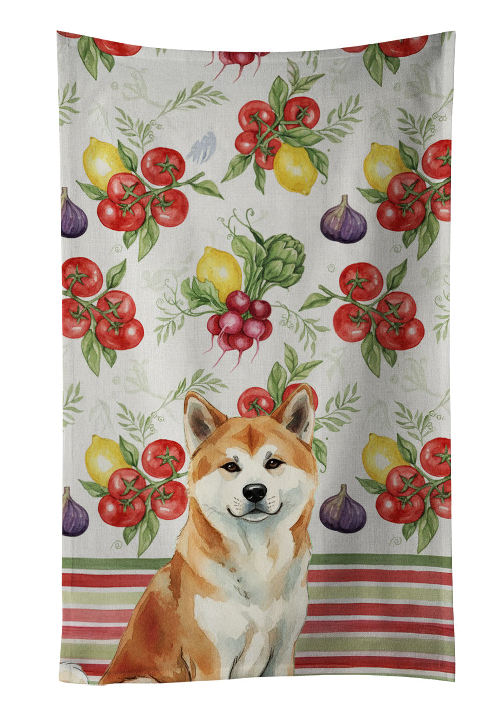 Red Akita Vegetables Kitchen Towel Velour Plush Front and Cotton Loop Back Machine Washable
