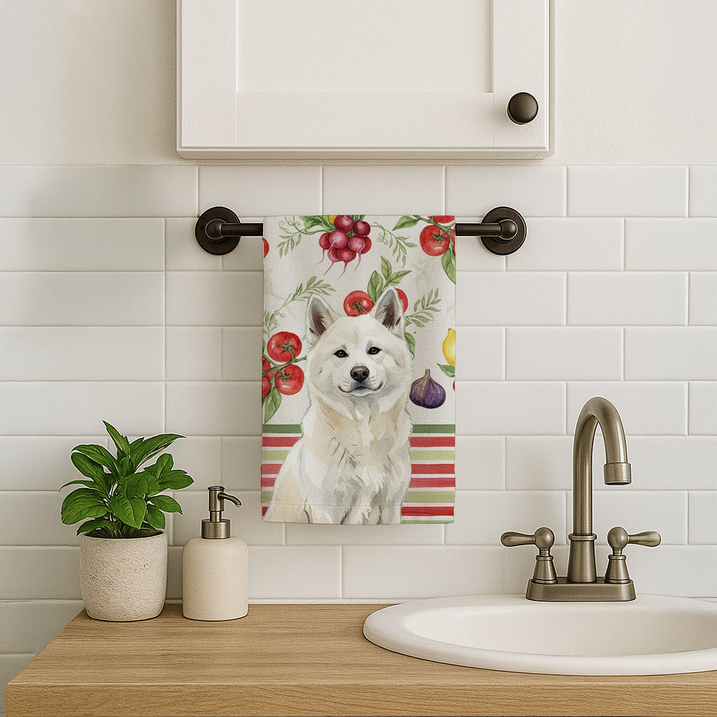 White Akita Vegetables Kitchen Towel Velour Plush Front and Cotton Loop Back Machine Washable