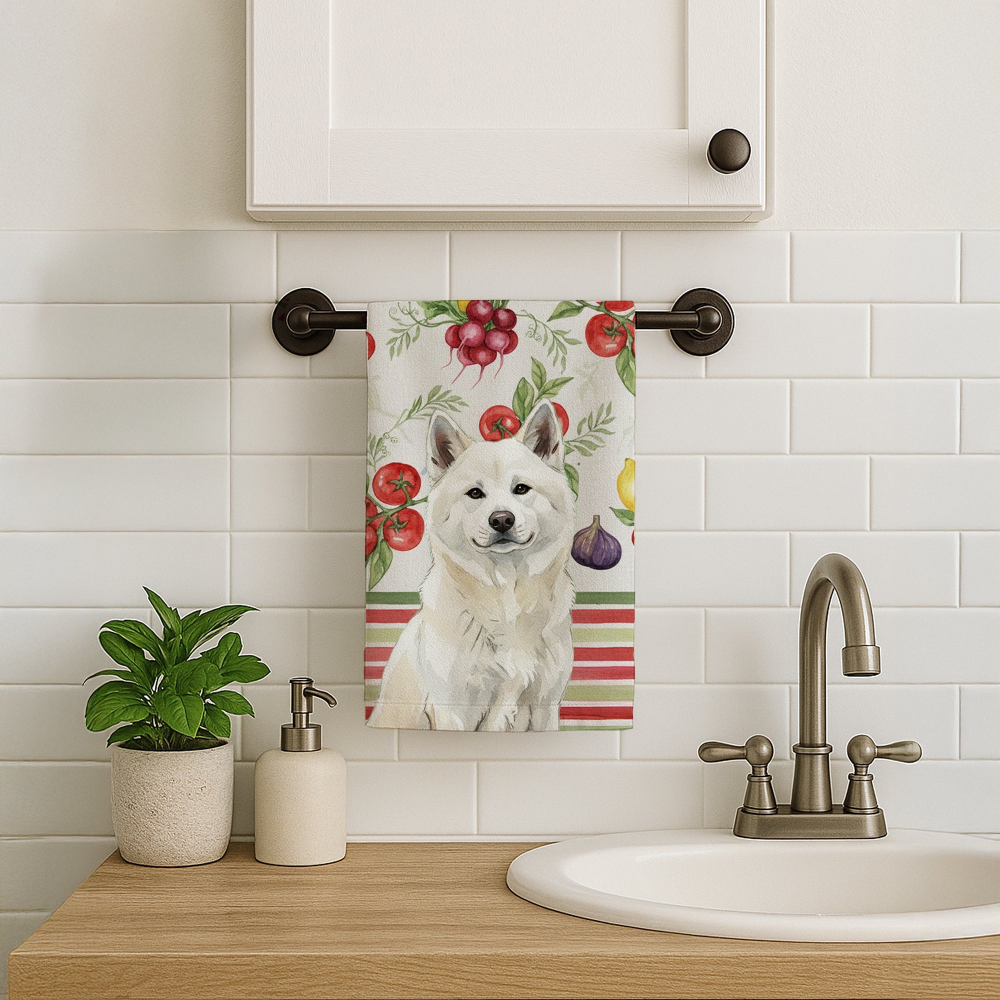 White Akita Vegetables Kitchen Towel Velour Plush Front and Cotton Loop Back Machine Washable