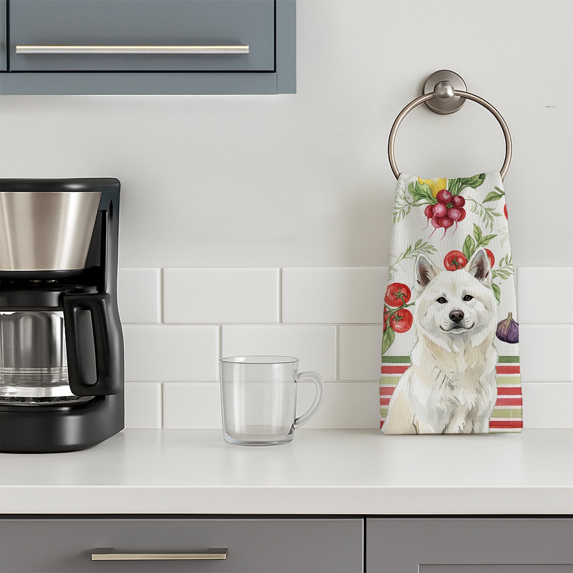 White Akita Vegetables Kitchen Towel Velour Plush Front and Cotton Loop Back Machine Washable