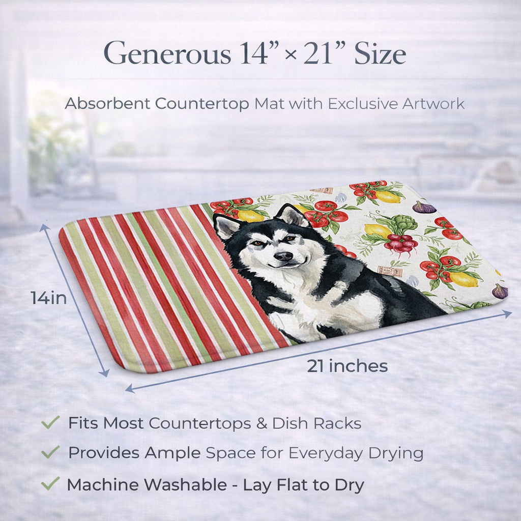 Black and White Alaskan Malamute Vegetables Dish Drying Mat Absorbent Dish Drying Mat Pad for Kitchen Counter Dish Drainer Mat for Countertop, 14 x 21", Multicolor