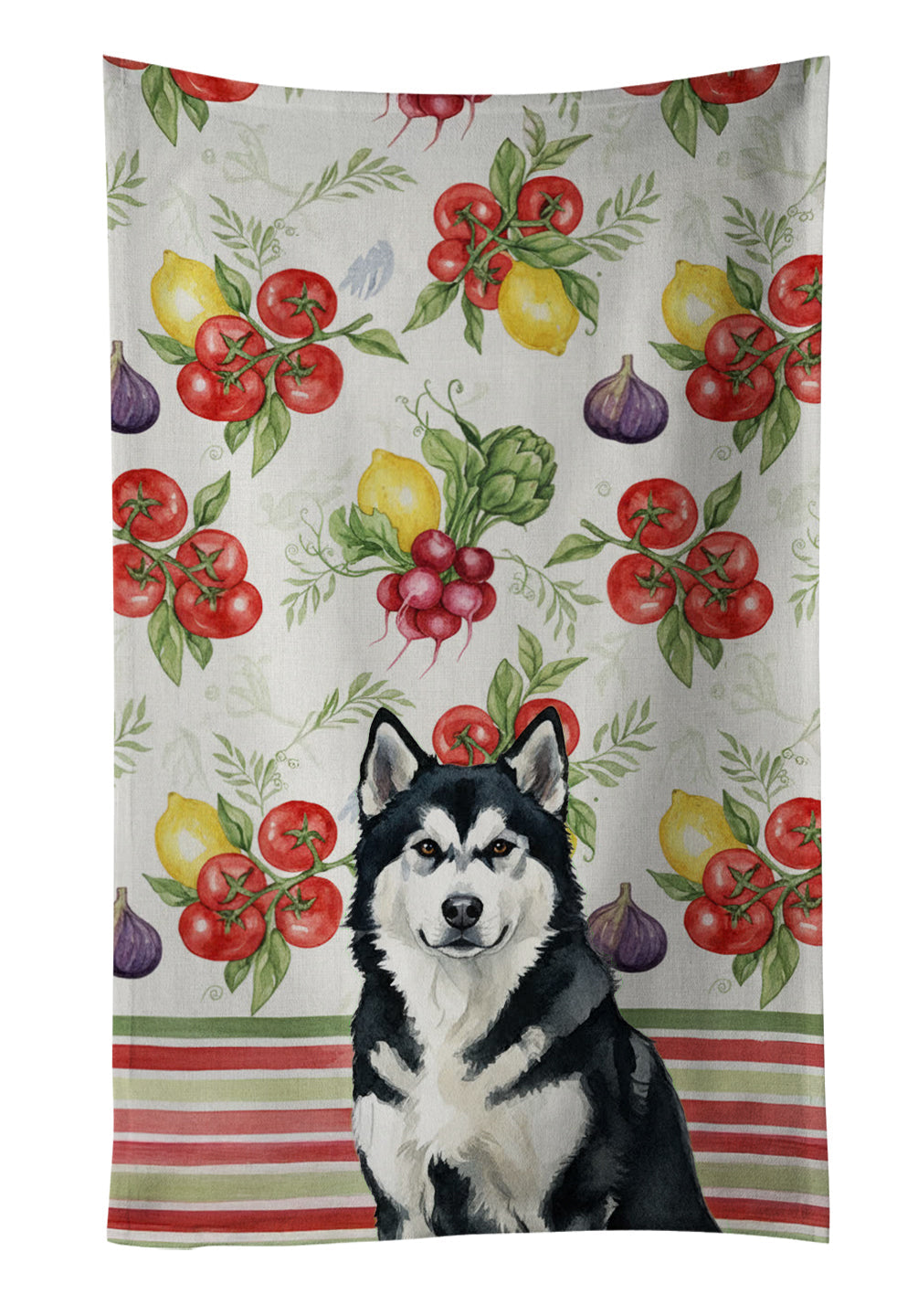 Black and White Alaskan Malamute Vegetables Kitchen Towel Velour Plush Front and Cotton Loop Back Machine Washable