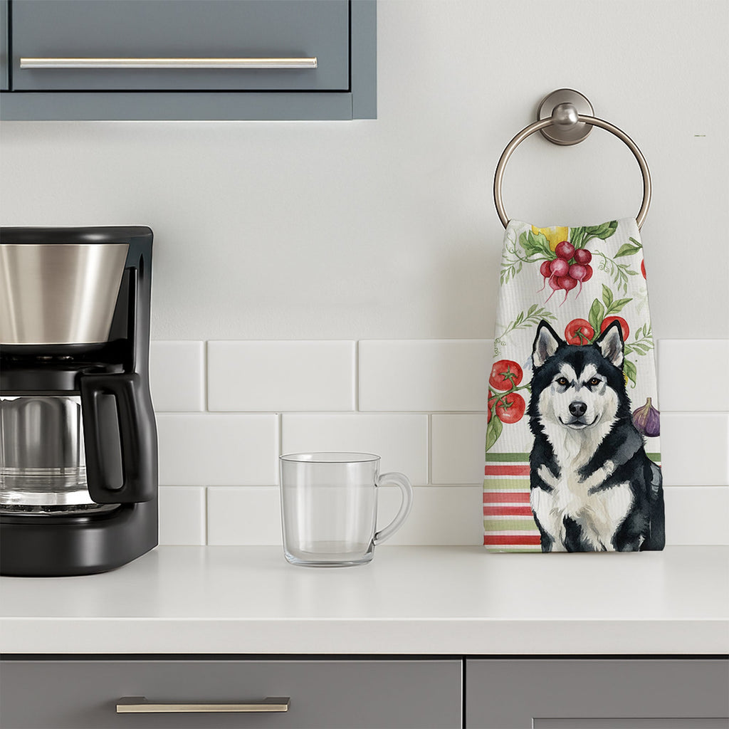Black and White Alaskan Malamute Vegetables Kitchen Towel Velour Plush Front and Cotton Loop Back Machine Washable