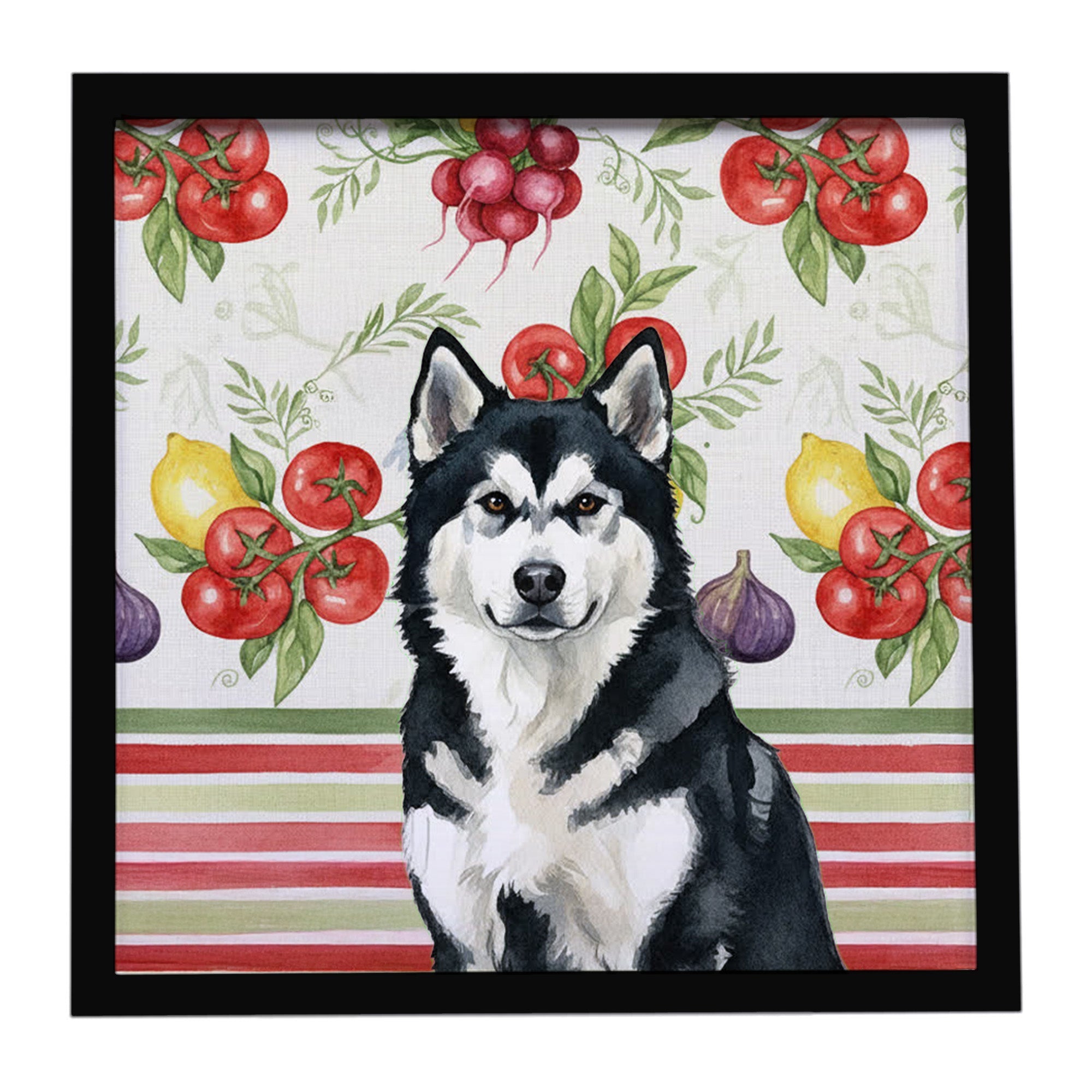 Black and White Alaskan Malamute Vegetables Framed Metal Print Bathroom, Kitchen, Office, Home Decor Wall Art Ready to Hang, Square, 8X8