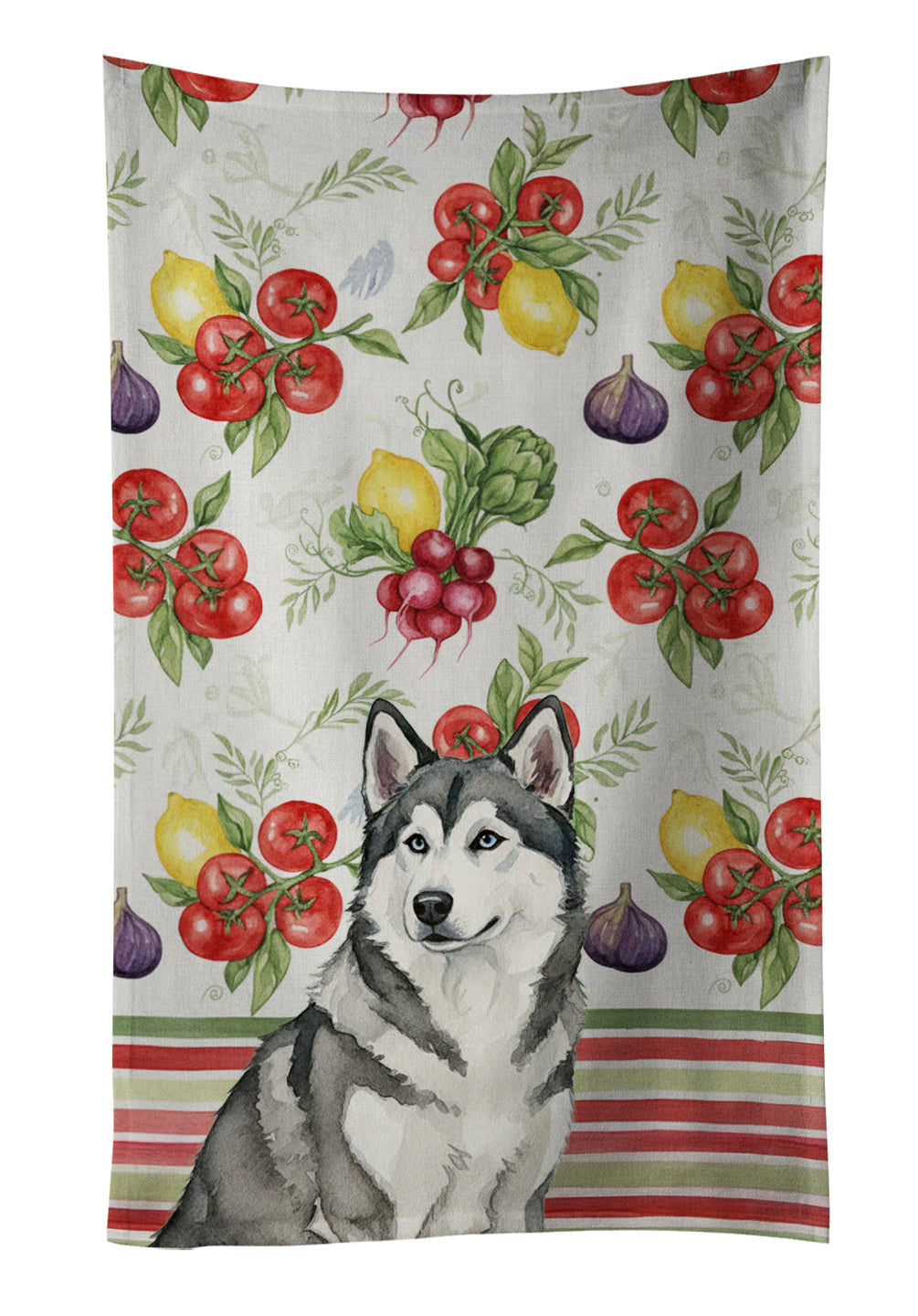Gray and White Alaskan Malamute Vegetables Kitchen Towel Velour Plush Front and Cotton Loop Back Machine Washable