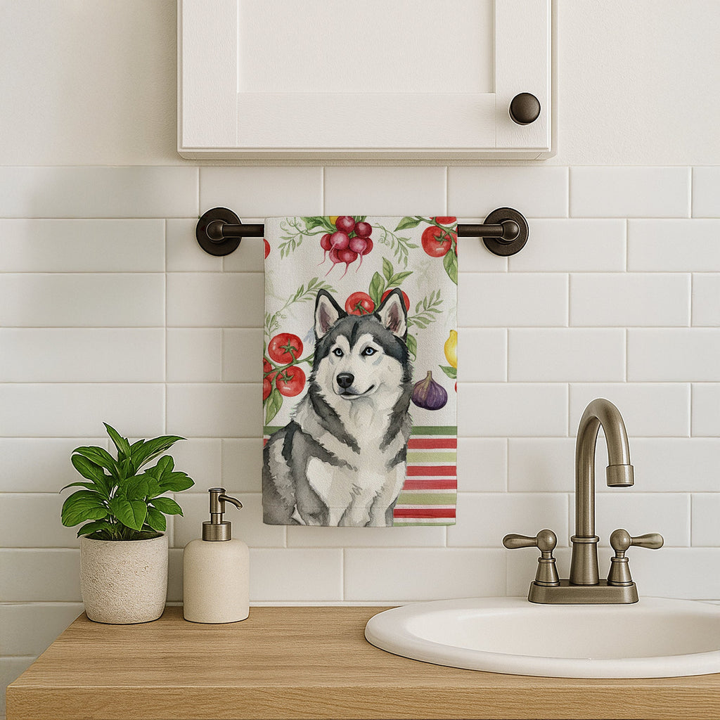 Gray and White Alaskan Malamute Vegetables Kitchen Towel Velour Plush Front and Cotton Loop Back Machine Washable