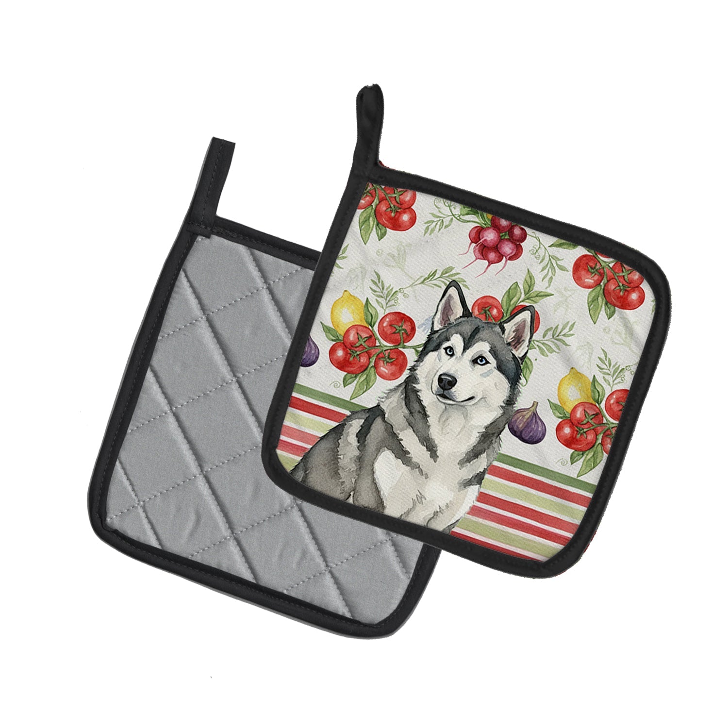 Gray and White Alaskan Malamute Vegetables Pot Holder Set of 2 Heat Resistant Quilted Hot Pads 7.5 x 7.5 Inch, Insulated Kitchen Trivets for Cooking & Baking