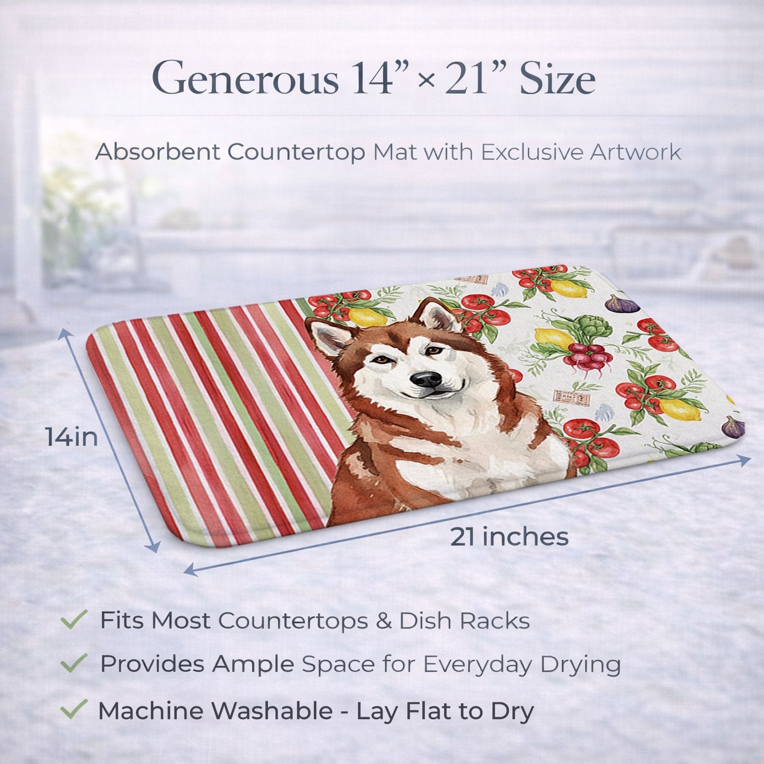 Red and White Alaskan Malamute Vegetables Dish Drying Mat Absorbent Dish Drying Mat Pad for Kitchen Counter Dish Drainer Mat for Countertop, 14 x 21", Multicolor