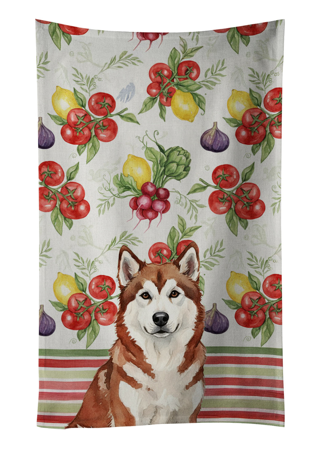 Red and White Alaskan Malamute Vegetables Kitchen Towel Velour Plush Front and Cotton Loop Back Machine Washable