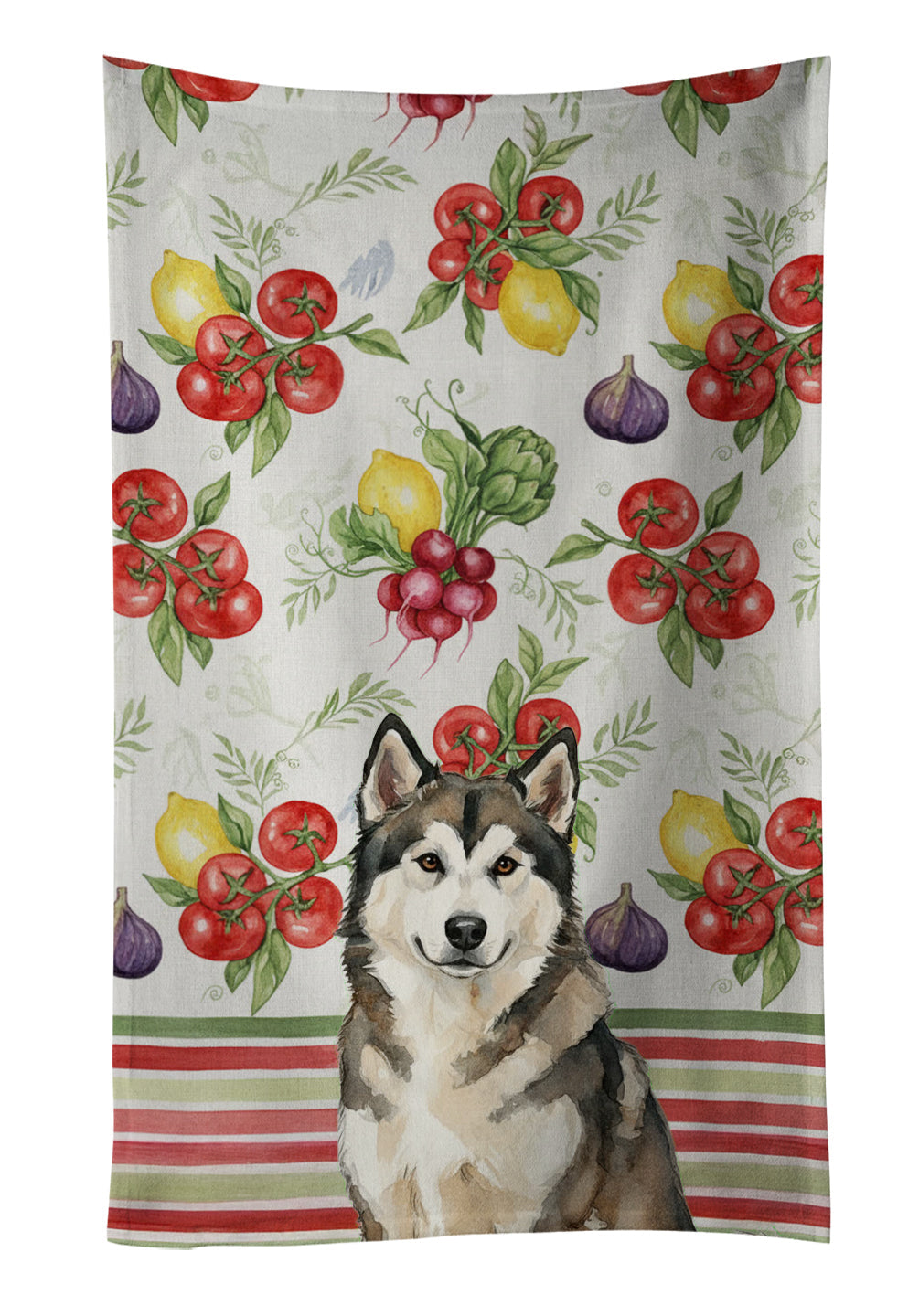 Sable and White Alaskan Malamute Vegetables Kitchen Towel Velour Plush Front and Cotton Loop Back Machine Washable