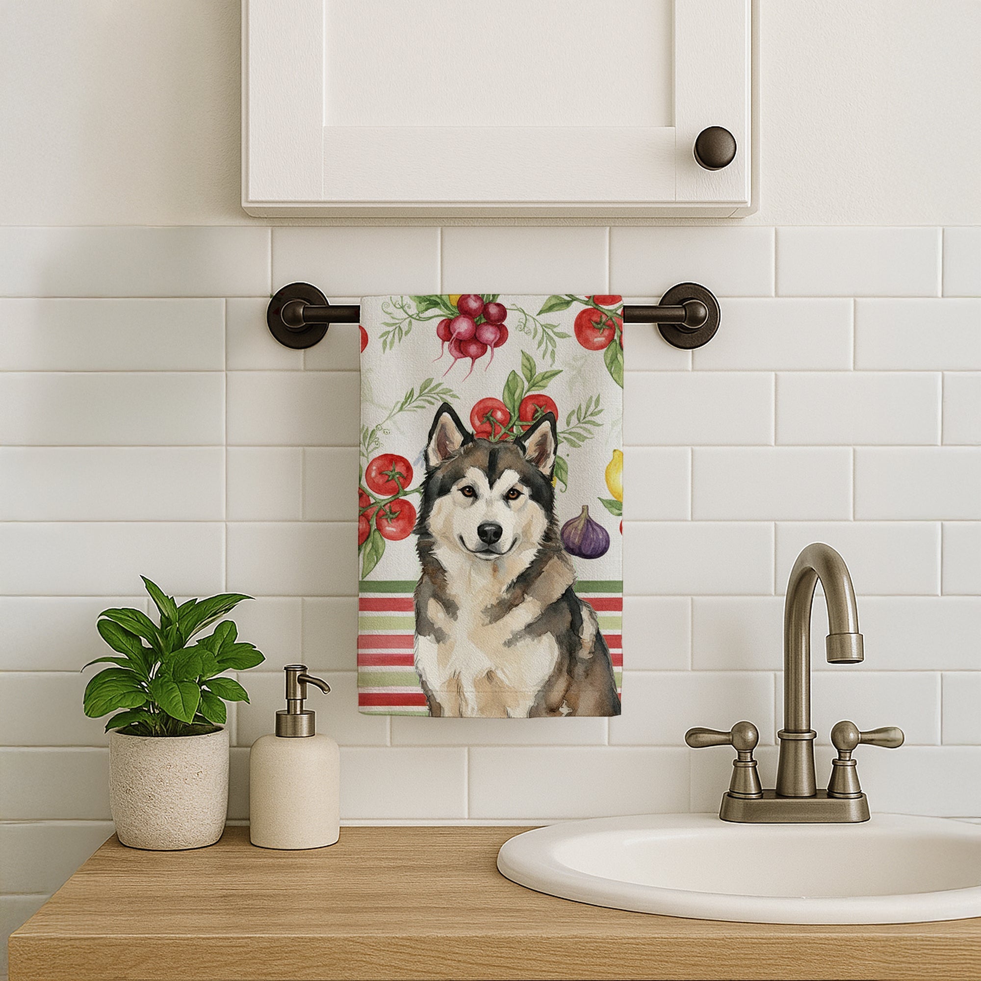 Sable and White Alaskan Malamute Vegetables Kitchen Towel Velour Plush Front and Cotton Loop Back Machine Washable