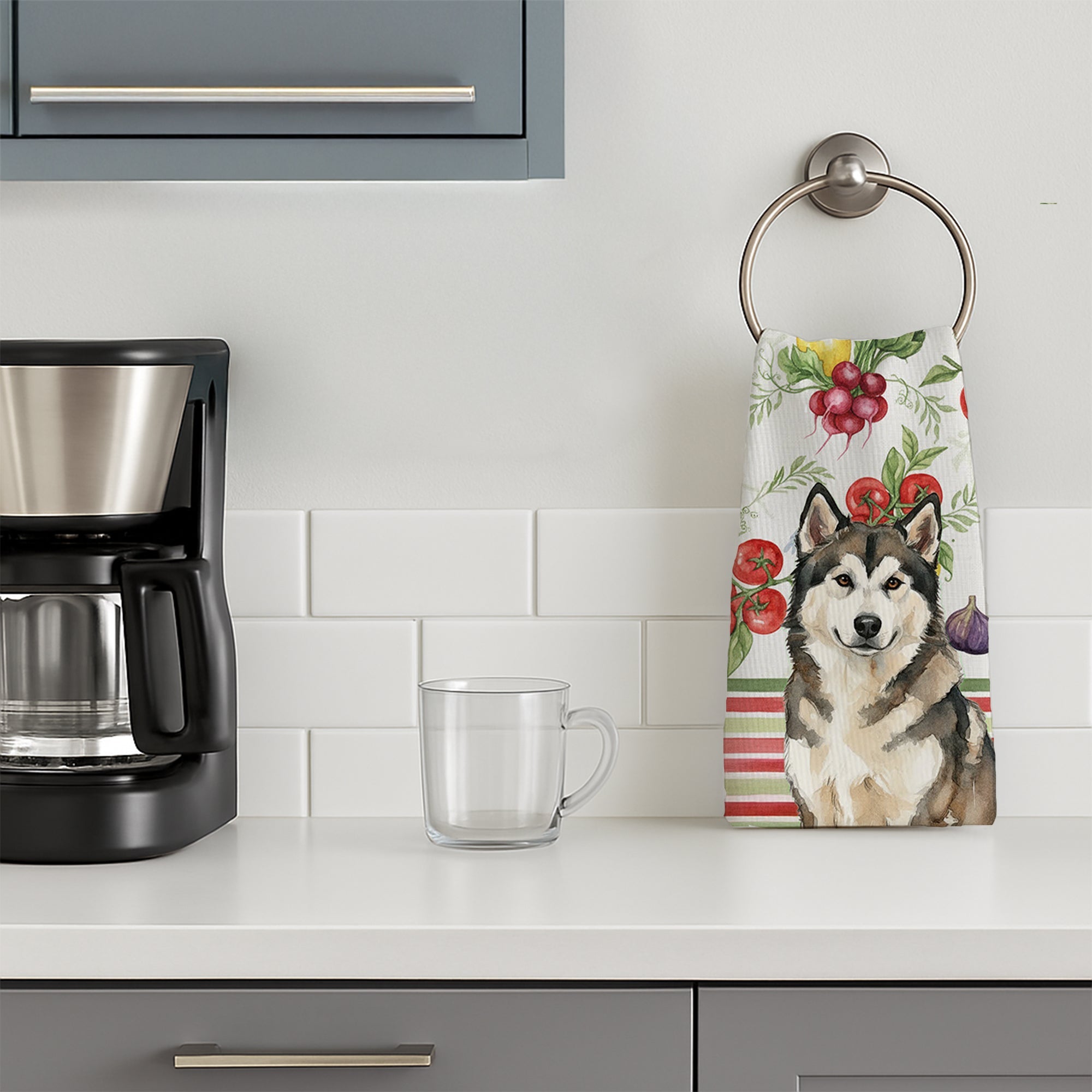 Sable and White Alaskan Malamute Vegetables Kitchen Towel Velour Plush Front and Cotton Loop Back Machine Washable