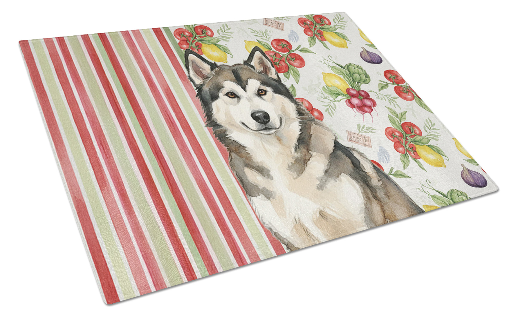 Sable and White Alaskan Malamute Vegetables Cutting Board Tempered Glass Kitchen Cutting Surface, Heat Resistant Chopping, Non-Slip Feet, Food Prep & Serving