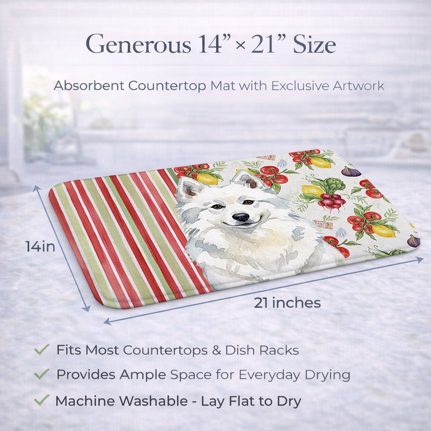 American Eskimo Vegetables Dish Drying Mat Absorbent Dish Drying Mat Pad for Kitchen Counter Dish Drainer Mat for Countertop, 14 x 21", Multicolor