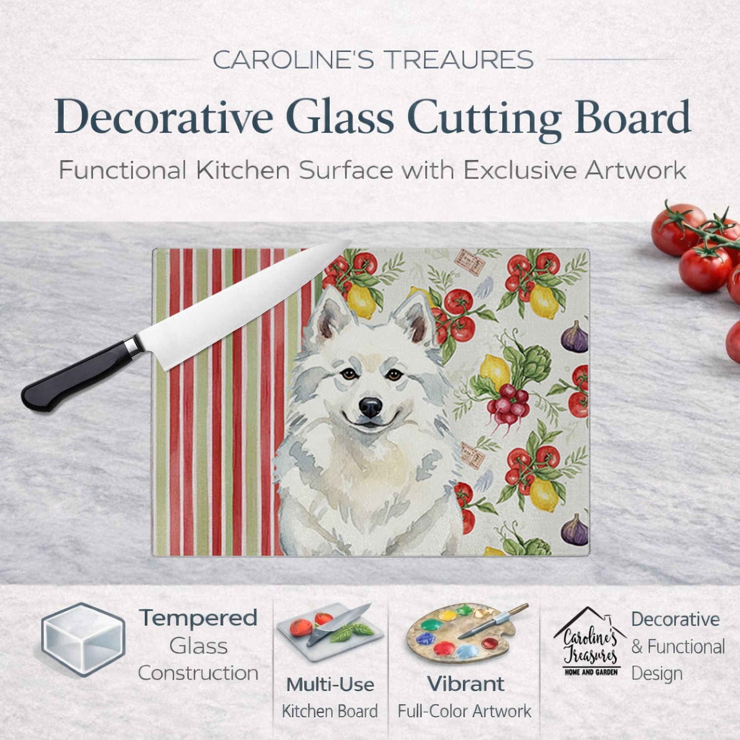 American Eskimo Vegetables Cutting Board Tempered Glass Kitchen Cutting Surface, Heat Resistant Chopping, Non-Slip Feet, Food Prep & Serving
