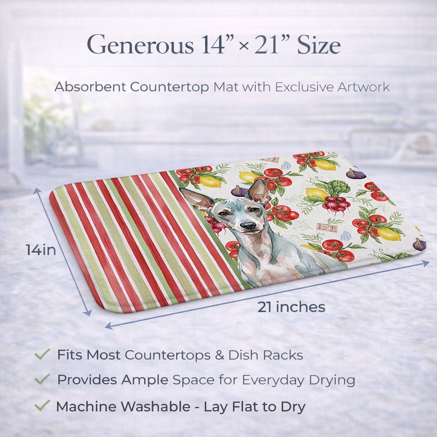 American Hairless Terrier Vegetables Dish Drying Mat Absorbent Dish Drying Mat Pad for Kitchen Counter Dish Drainer Mat for Countertop, 14 x 21", Multicolor