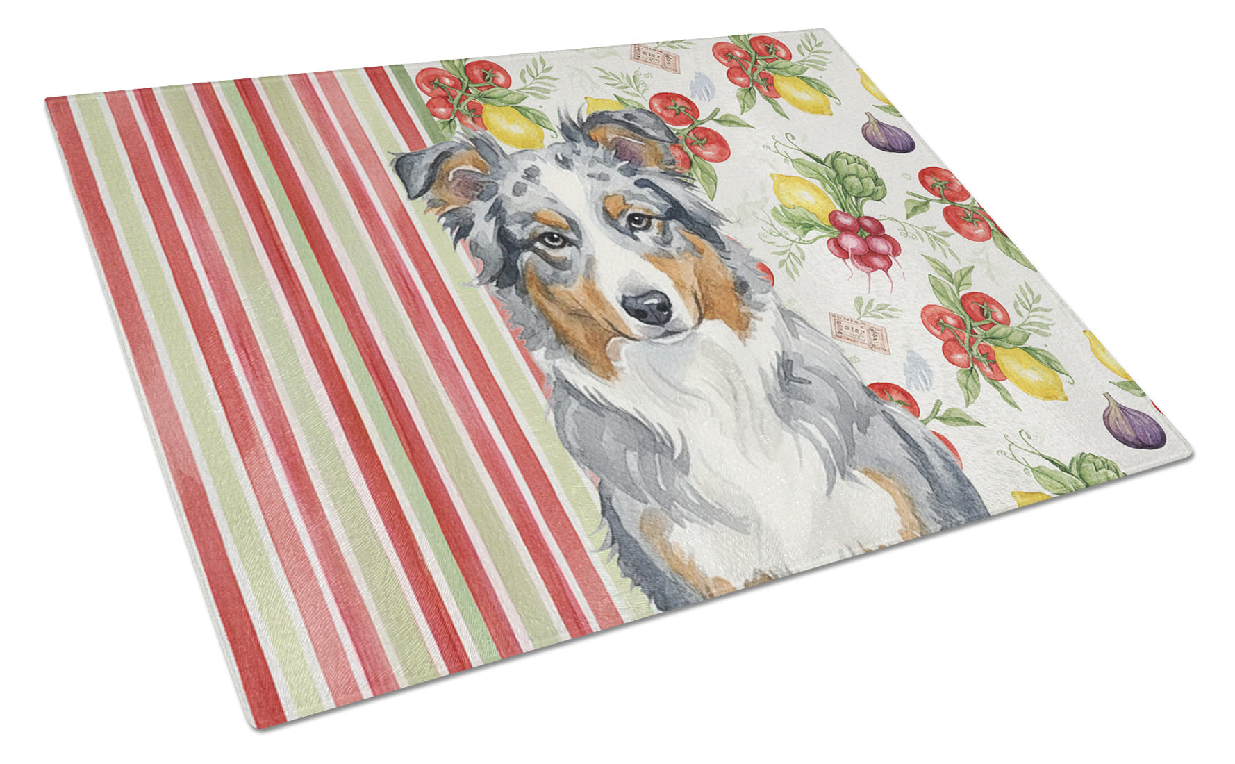 Blue Merle American Shepherd Vegetables Cutting Board Tempered Glass Kitchen Cutting Surface, Heat Resistant Chopping, Non-Slip Feet, Food Prep & Serving