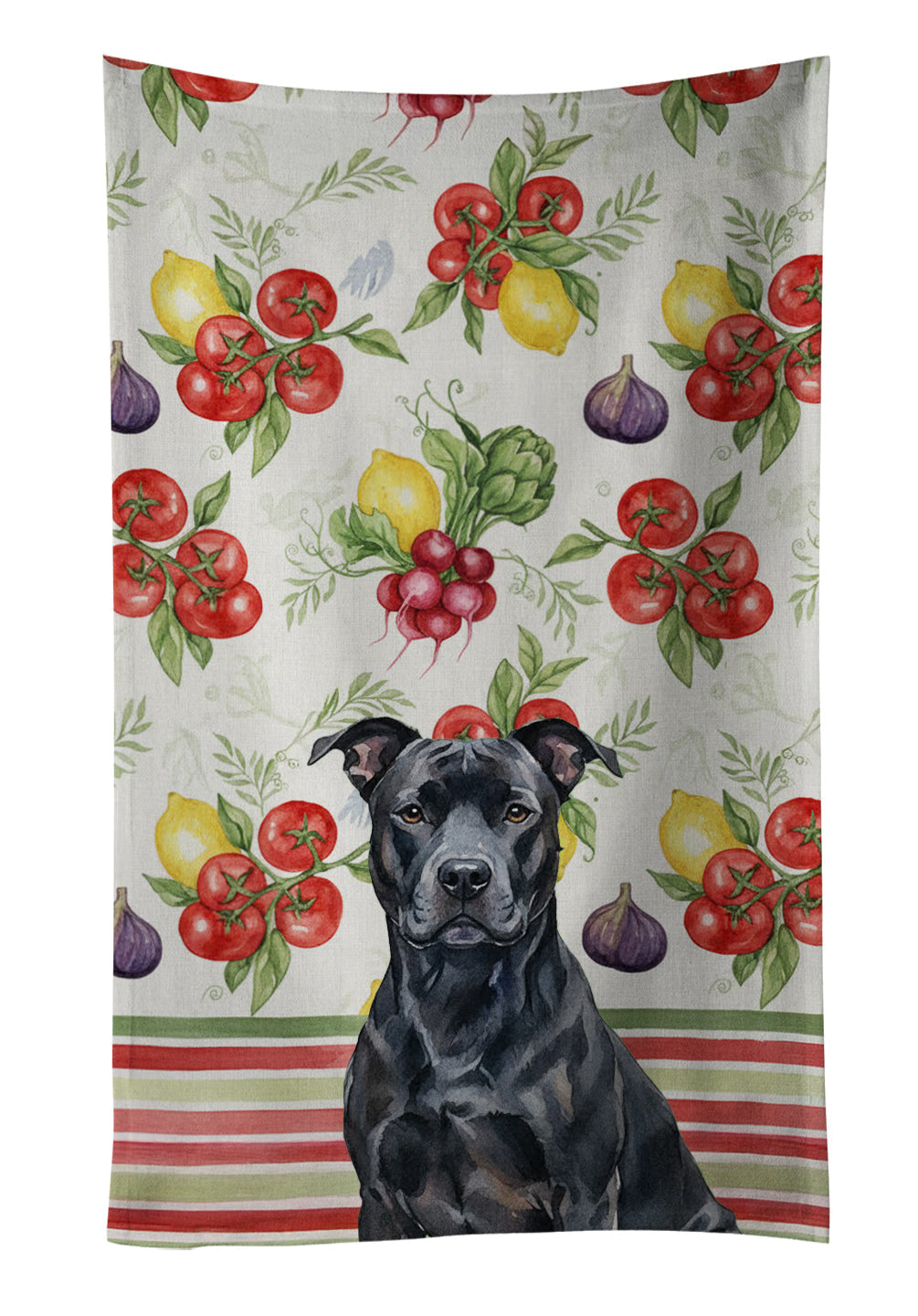 Black American Staffordshire Terrier Vegetables Kitchen Towel Velour Plush Front and Cotton Loop Back Machine Washable
