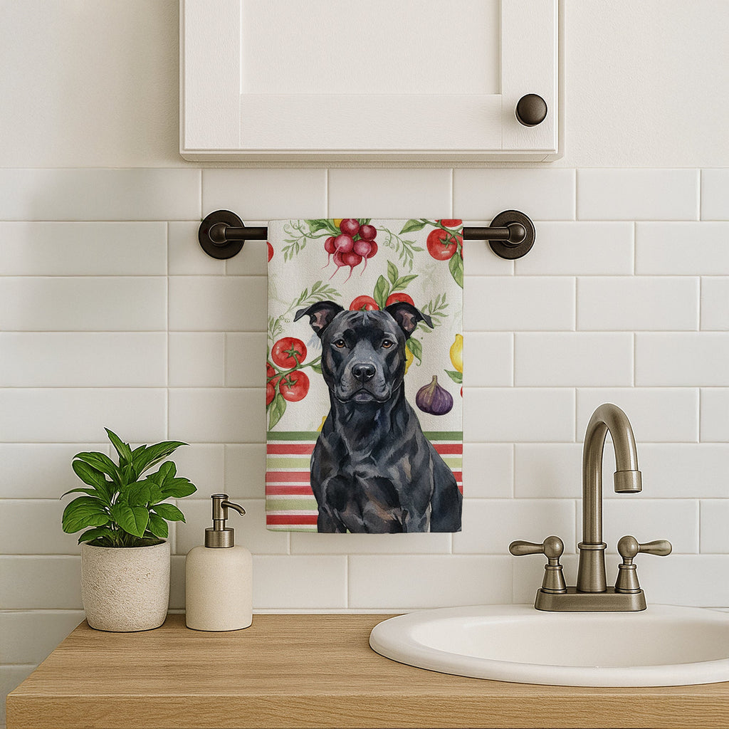Black American Staffordshire Terrier Vegetables Kitchen Towel Velour Plush Front and Cotton Loop Back Machine Washable