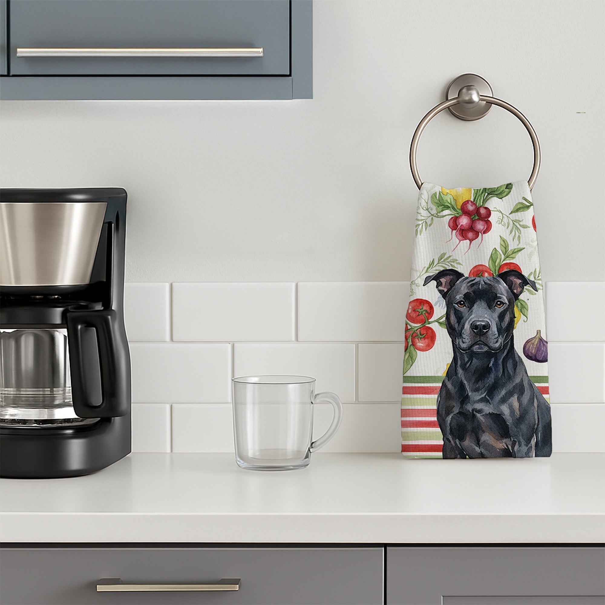 Black American Staffordshire Terrier Vegetables Kitchen Towel Velour Plush Front and Cotton Loop Back Machine Washable