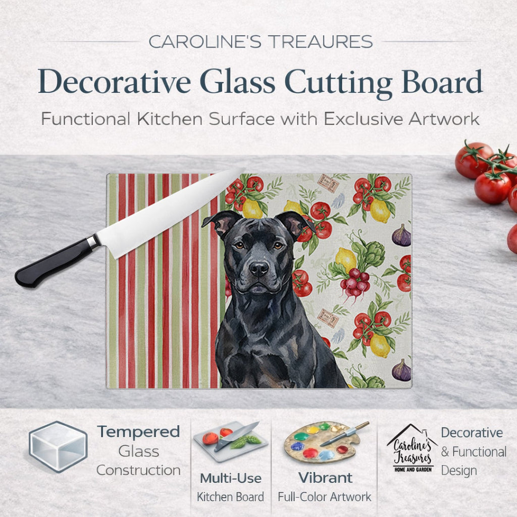 Black American Staffordshire Terrier Vegetables Cutting Board Tempered Glass Kitchen Cutting Surface, Heat Resistant Chopping, Non-Slip Feet, Food Prep & Serving