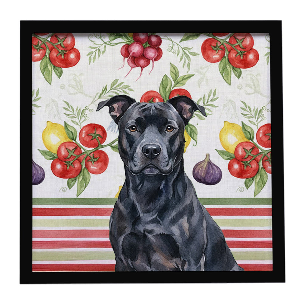Black American Staffordshire Terrier Vegetables Framed Metal Print Bathroom, Kitchen, Office, Home Decor Wall Art Ready to Hang, Square, 8X8