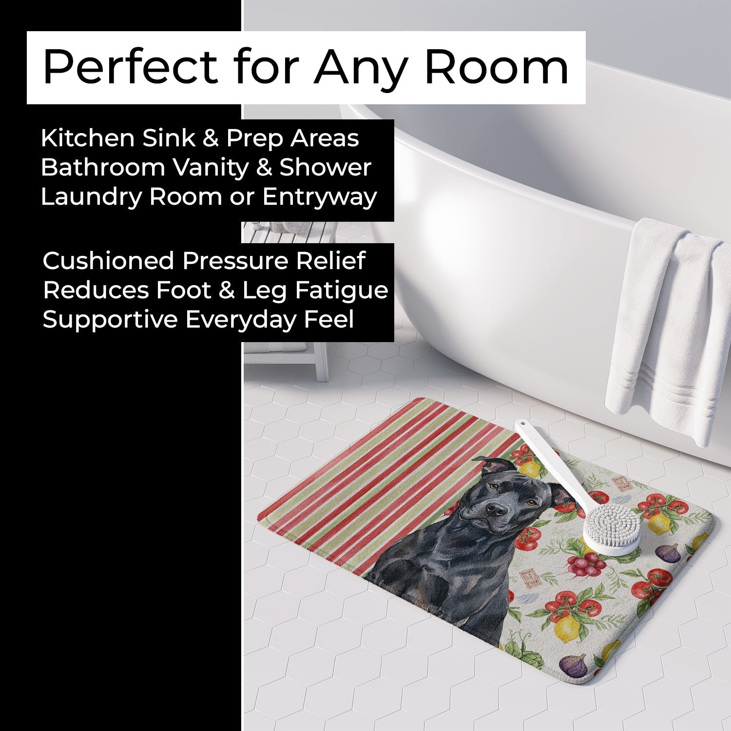 Black American Staffordshire Terrier Vegetables Memory Foam Kitchen Mat Machine Washable Anti-Fatigue Cushion Comfort Bath or Kitchen Rug