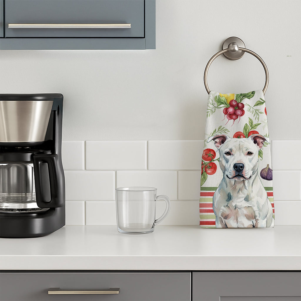 White American Staffordshire Terrier Vegetables Kitchen Towel Velour Plush Front and Cotton Loop Back Machine Washable