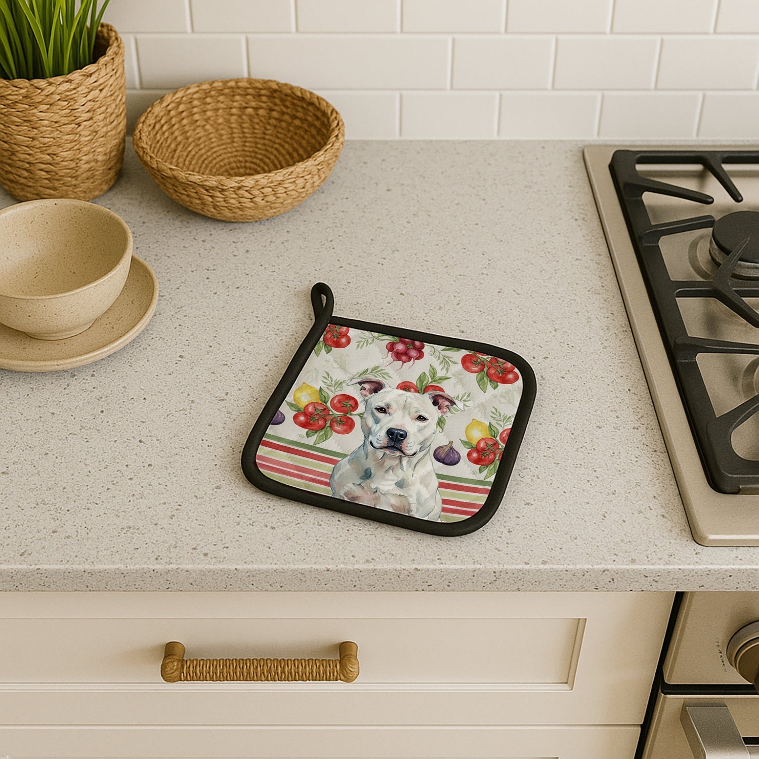 White American Staffordshire Terrier Vegetables Pot Holder Set of 2 Heat Resistant Quilted Hot Pads 7.5 x 7.5 Inch, Insulated Kitchen Trivets for Cooking & Baking